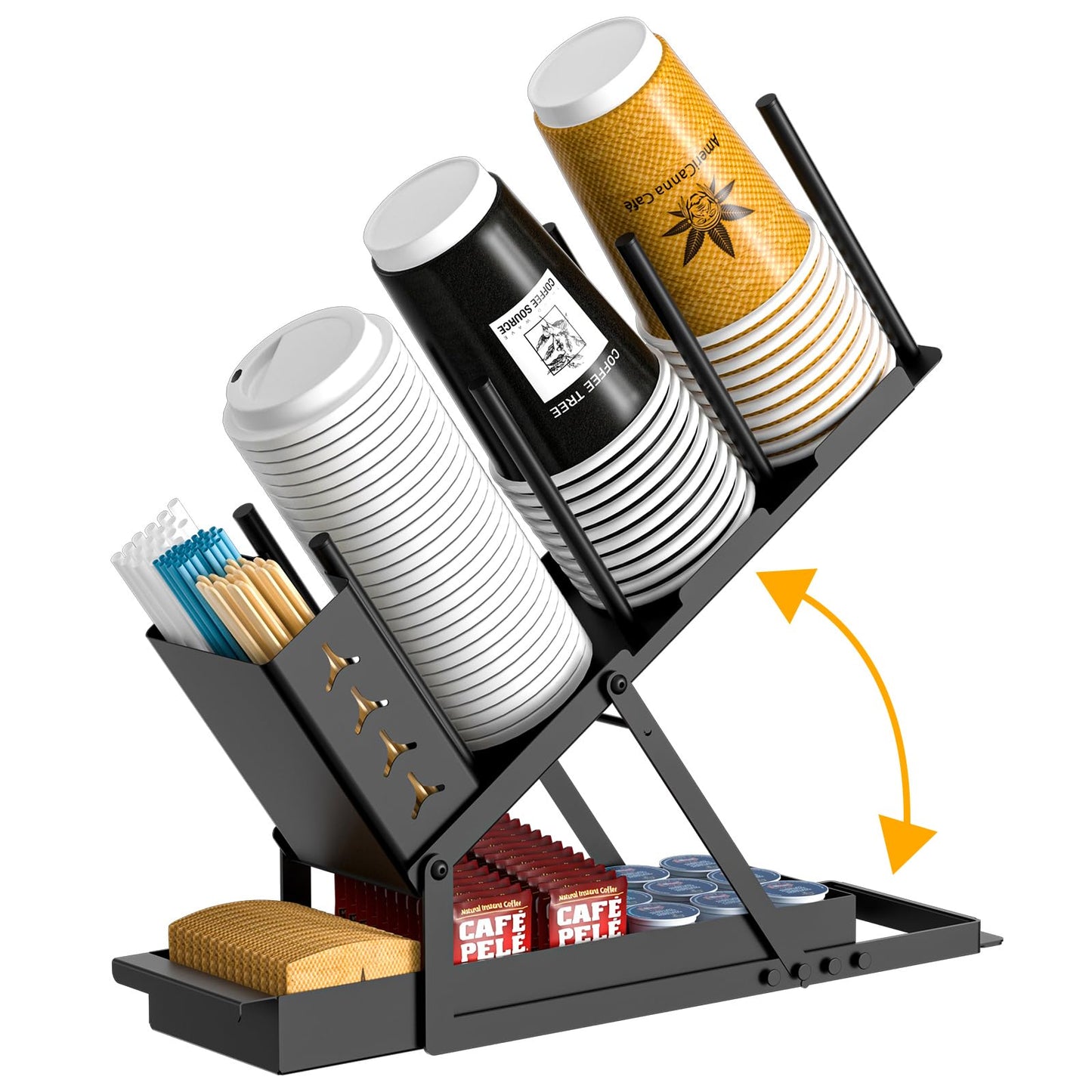 RCHYFEED Cup and Lid Holder with Straw Holder, Metal Cup Holder for Countertop, 5 Compartment Coffee Station Organizer Cup Holder for Coffee Bar Accessories, Disposable Cup Lid Organizer