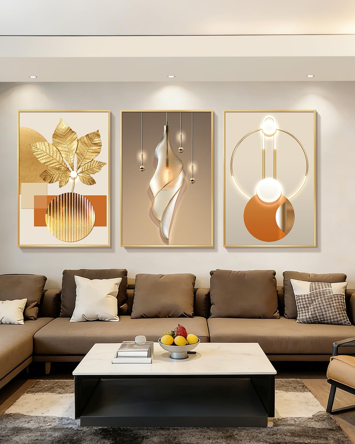 Azartslr Large Framed Modern Rose Gold Wall Art, Luxury 3 Pieces Aluminum Alloy Wall Decor for Living Room, Abstract Gold and Beige Home Bedroom Art Painting, Geometric Crystal Porcelain Artwork Dining Room Pictures Decoration 12x16in