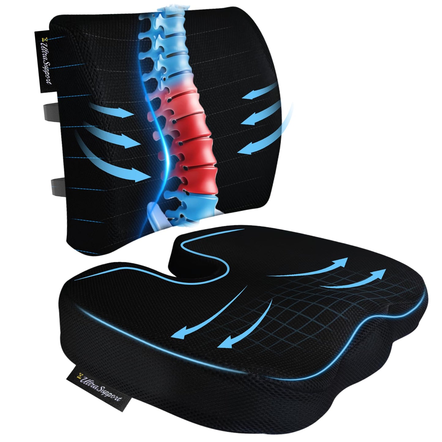 assountgh Seat Cushion &Office Chair Cushion,Lumbar Support Pillow for Office Chair,Ergonomic Memory Foam Non-Slip Office Chair Cushion,Back Support Cushions for Tailbone&Sciatica Pain Relief Black
