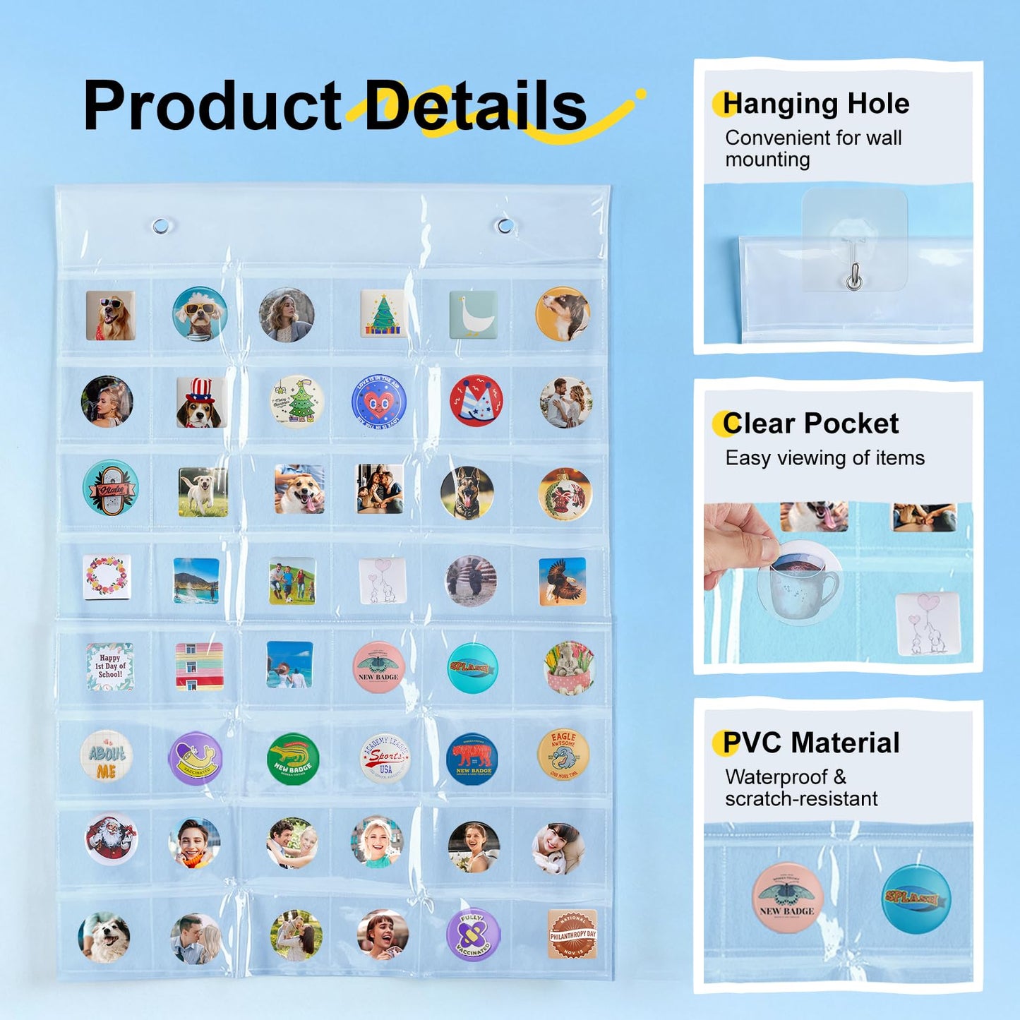 4 Pack Hanging Sticker Display Organizer Button Display Storage, Wall Door Pin Display Holder, Trading Pin Banner for Badges, Patches, Collection, Anime Convention Accessories, Holds to 192 Pins