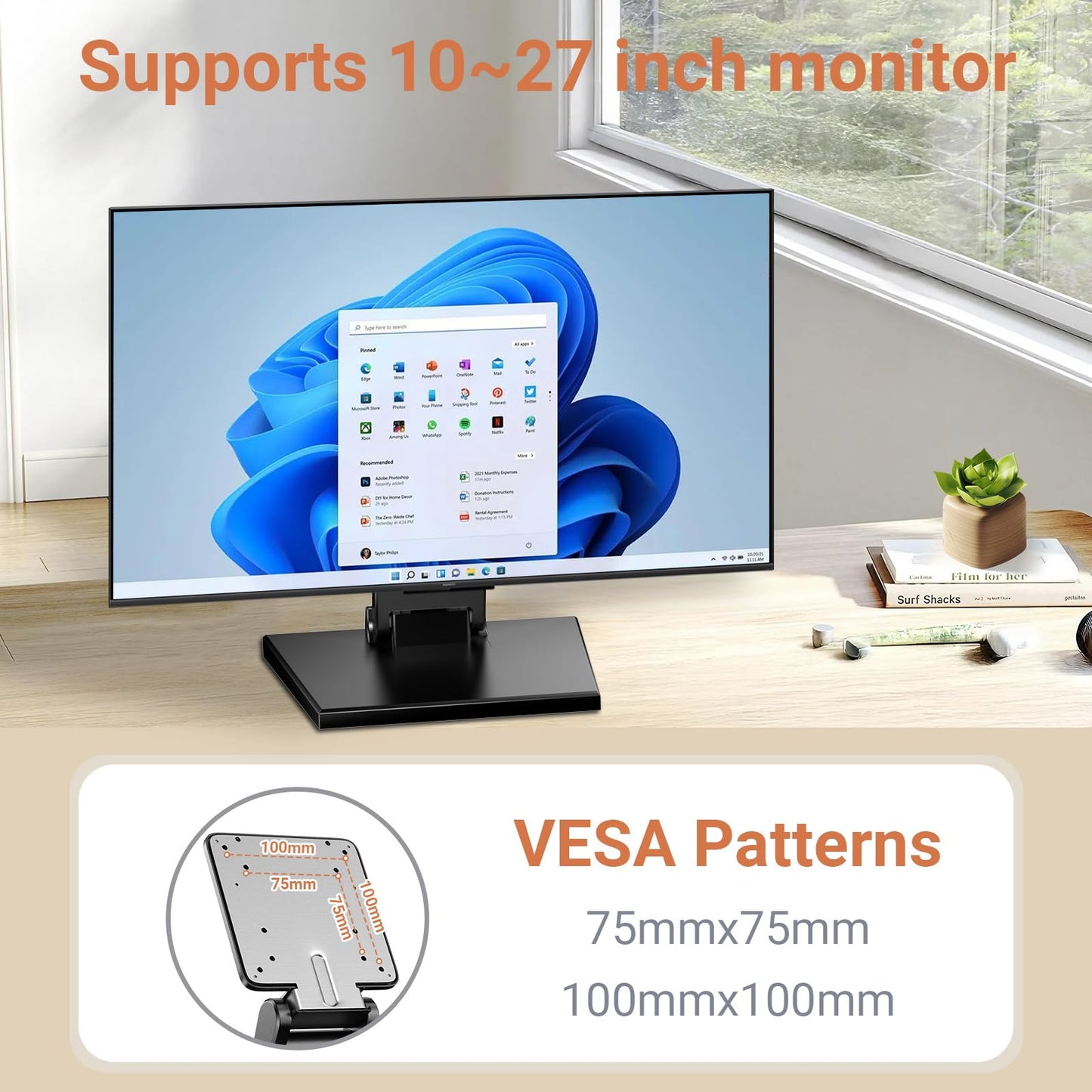 Jakeko Lay Flat Low Profile Monitor Stand - for 14-24" Screens Ergonomic Adjustable Desktop Mount with 100x100mm Compatibility - Steel