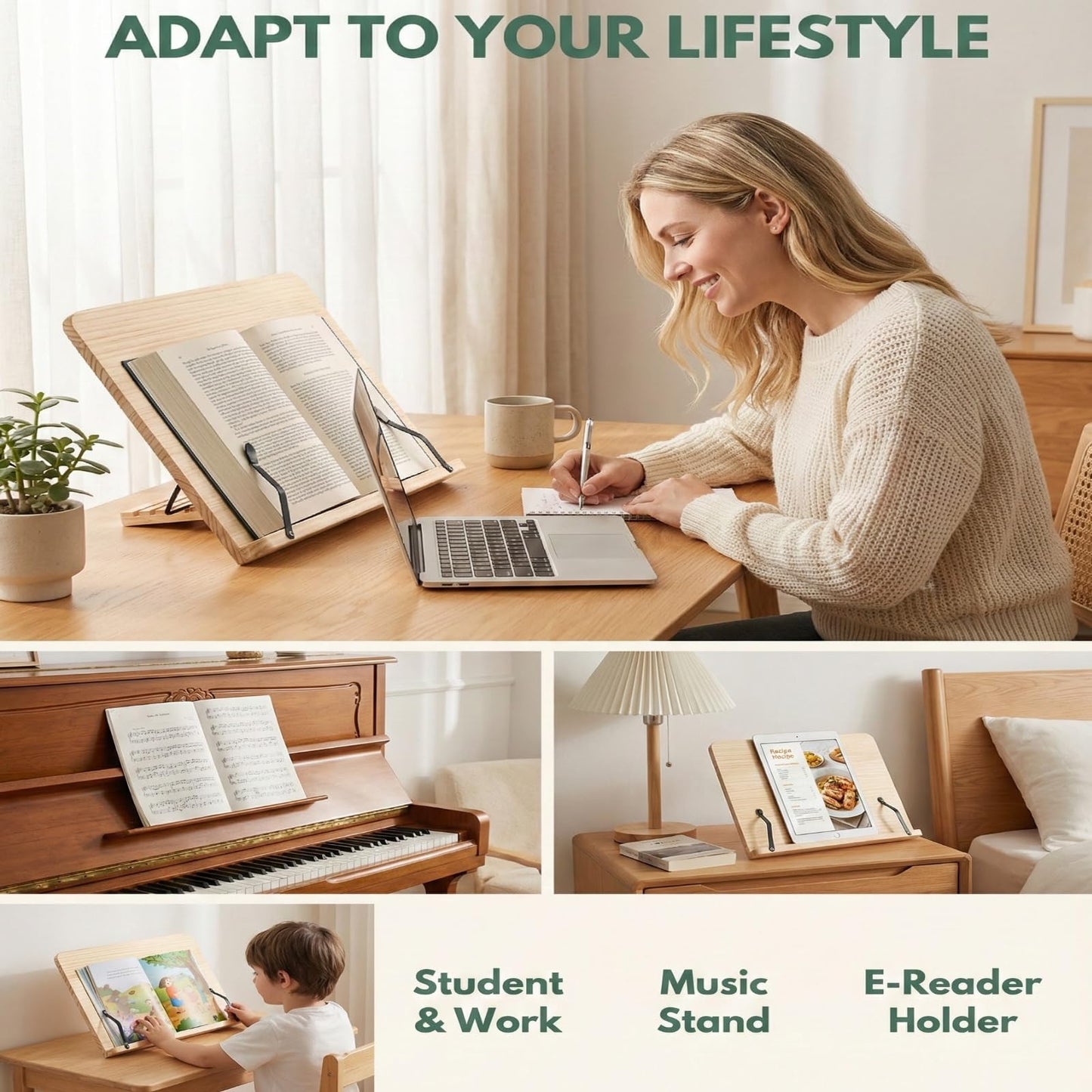 Reading Rack Wooden Bookshelf - Book Stand Foldable with 8 Adjustable Positions and Page Clips,Suitable for cookbooks、iPads、laptops、Sheet Music、and Reading Stands (13.4x9.45inch)