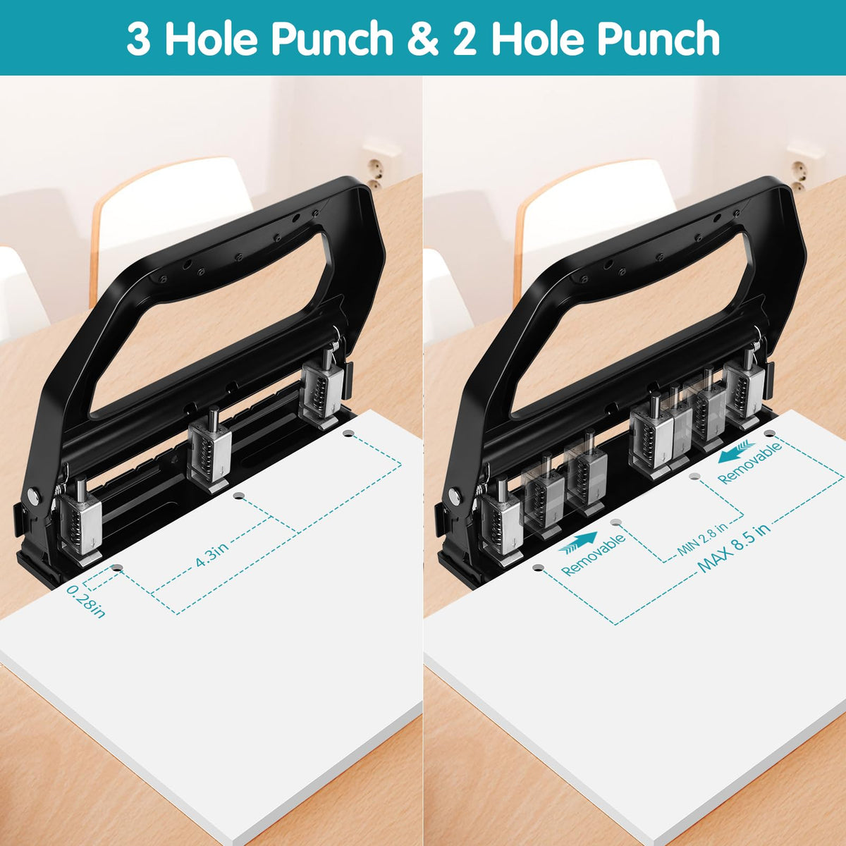 AFMAT 3 Hole Punch Heavy Duty, 9/32" Holes, 50-Sheet Hole Puncher 3 Ring, 50% Reduced Effort, Adjustable Two & Three Hole Punch, Metal Paper Puncher w/Large Chip Tray, Metal Paper Guide, Black, HP18