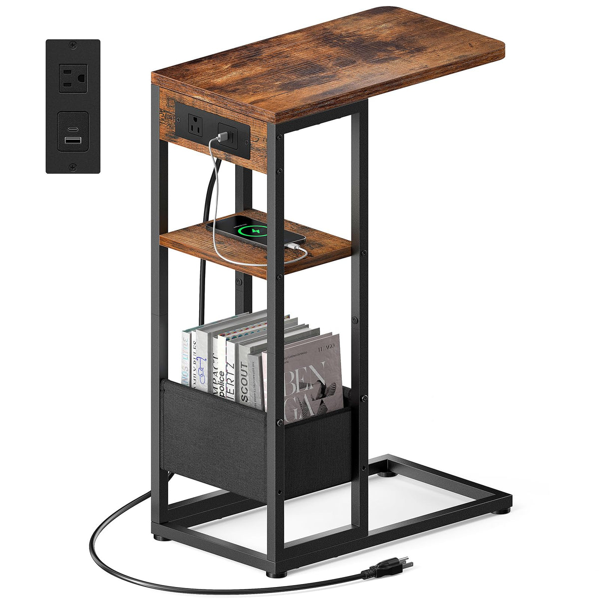 Yuede C Shaped End Table with Charging Station,3-Layer Sofa C Table Side Table, Slide Under Sofa Desk Snack Tables with Storage Bag w/AC U-S-B Port & Socket,Small Spaces Drink Tables for Living Room