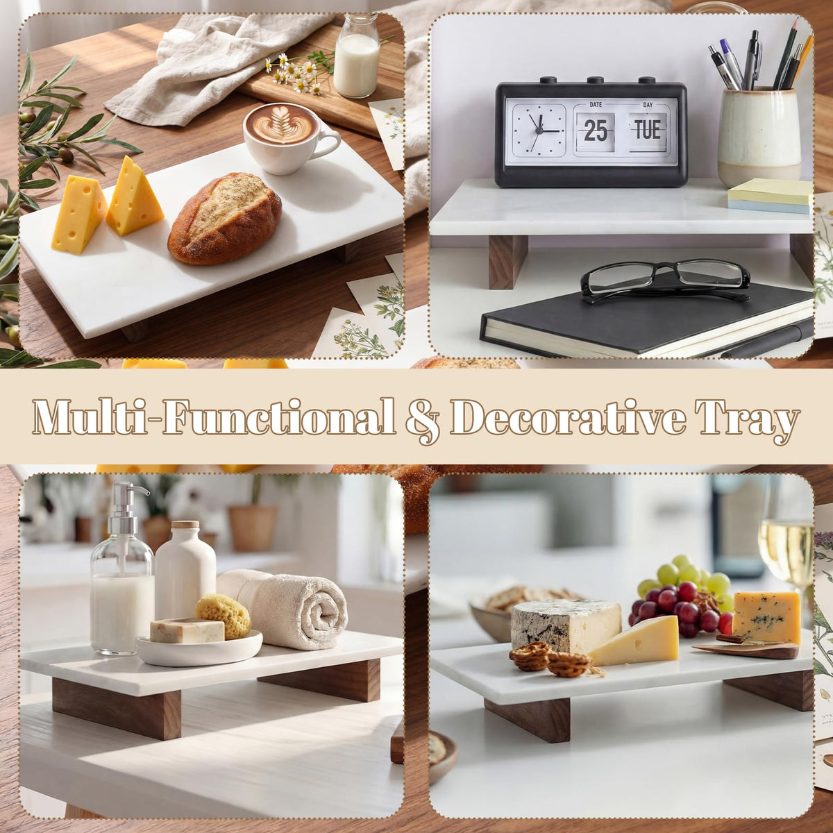 Yiyiring Marble Charcuterie Board Display White Cheese Cutting Footed Stand Tray with Wooden Feet 15.75"L x 8" W x 2.5" H for Vanity, Kitchen and Serving, or as a Gatherings Elegant Cheese Board Gift