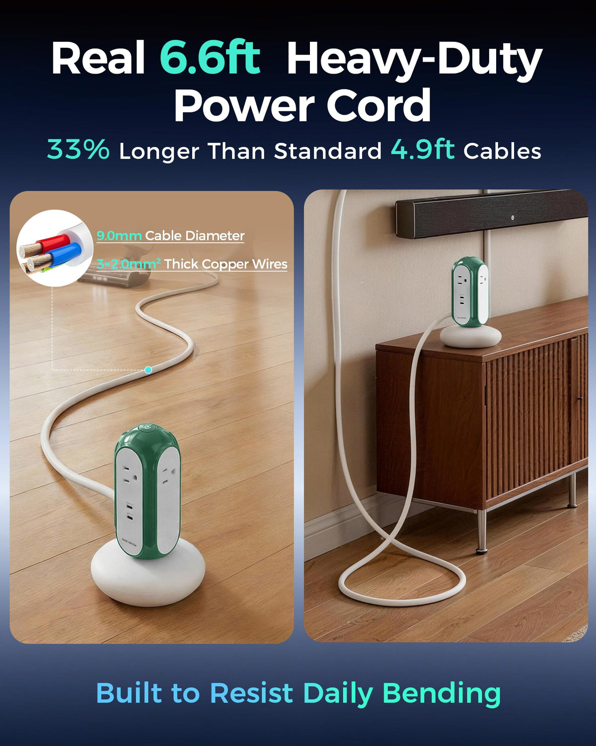 MiaoLab Power Strip Tower with 2 USB-C Ports (30W Fast Charing), 1420J Surge Protector, 4 AC Outlets, 6.6FT Extension Cord with Overload Protection, 1875W/15A Charging Station for Home Office Desk