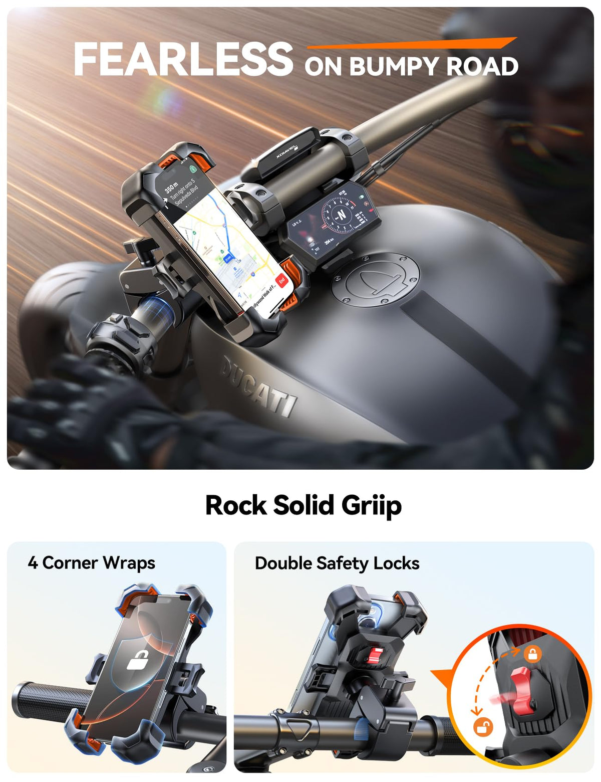 JOYROOM Motorcycle Phone Mount, [1s Auto Lock][100mph Military Anti-Shake] Bike Phone Holder for Bicycle, [10s Quick Install] Handlebar Phone Mount, Compatible with iPhone, Samsung, All Phone, Orange