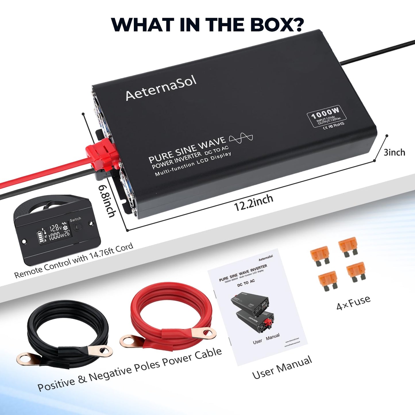 AeternaSol Pure Sine Wave Inverter 1000 Watt Inverter DC 12V to AC 110V-120V Power Inverter for RV Truck Camping Solar Home Backup with 2 AC Outlets, USB Fast Charge&Type-C, Remote Monitor,Surge 2000W