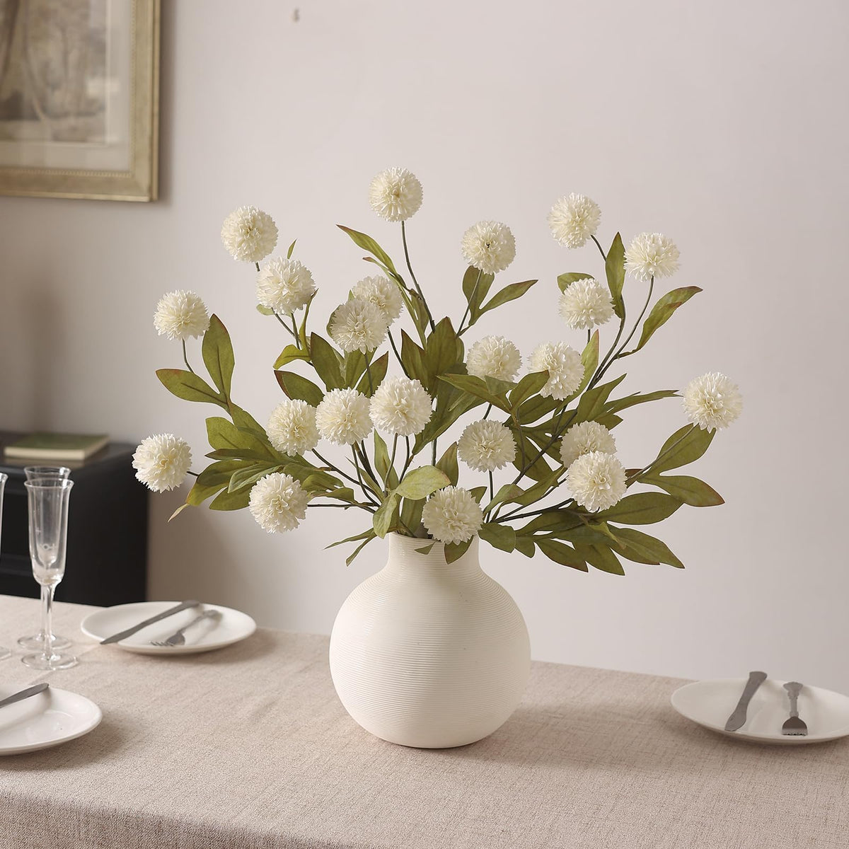 Juxdp 6 PCS Artificial Pompon Mum Branches for Vase - 27" Fake Silk Chrysanth Stems Look Real Faux Flowers for DIY Bouquet, Table Centerpieces, Farmhouse, Home Decor (Cream)