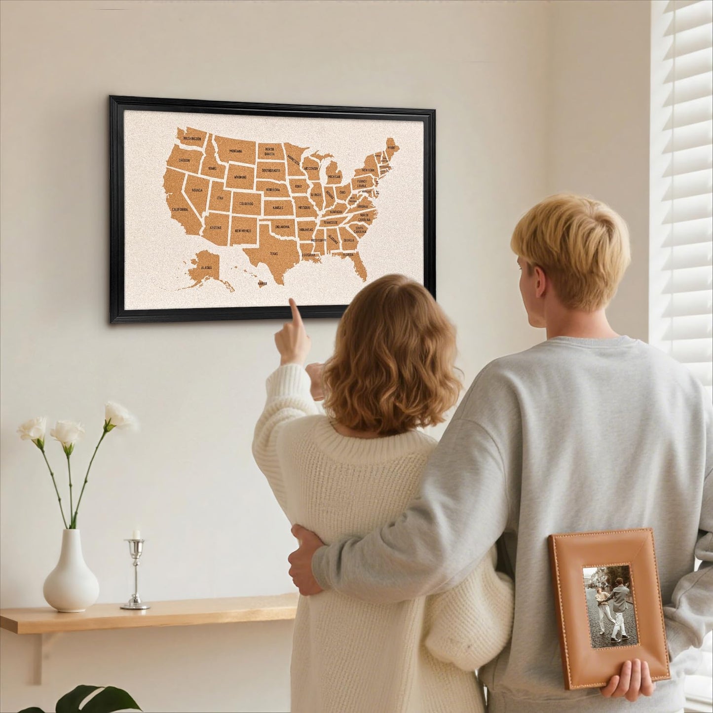 YCCYYCCY Wooden Frame Cork Board Map of The United State, 20" X 30" Bulletin Boards for Walls with 10 Pins, Travel Tracker Map for Office, School and Home (US-MAP,5075,D)