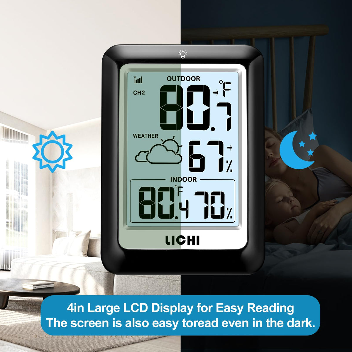 Indoor Outdoor Thermometer Wireless Weather Station, Internal External Thermometer Hygrometer, Home Batteryoperated Temperature Humiditymonitors330 Feet (About 100 Meters) Backlight Display (Black)