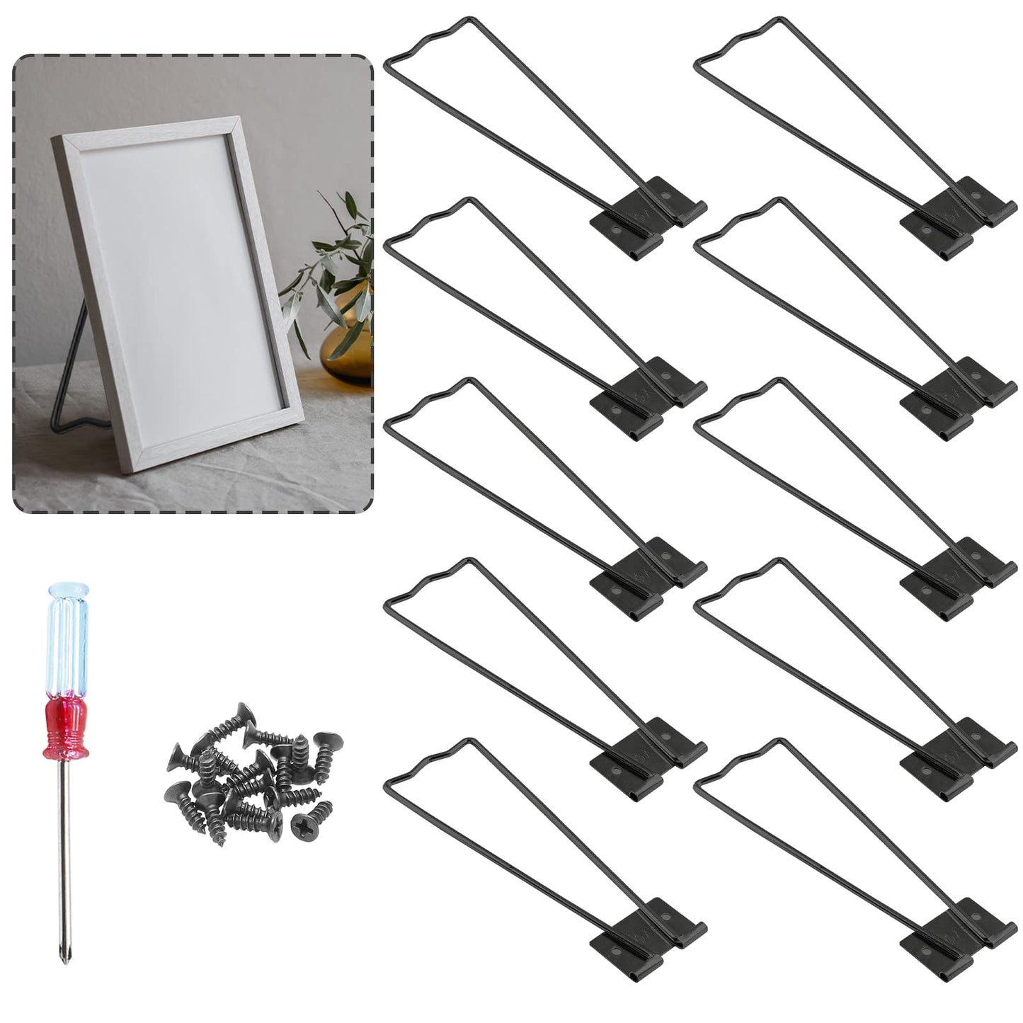 Rierdge 10 Pcs Easel Back, Iron Picture Frame Easel Back, Photo Frame Easel Back Stand with Screws & Screwdriver (Black)