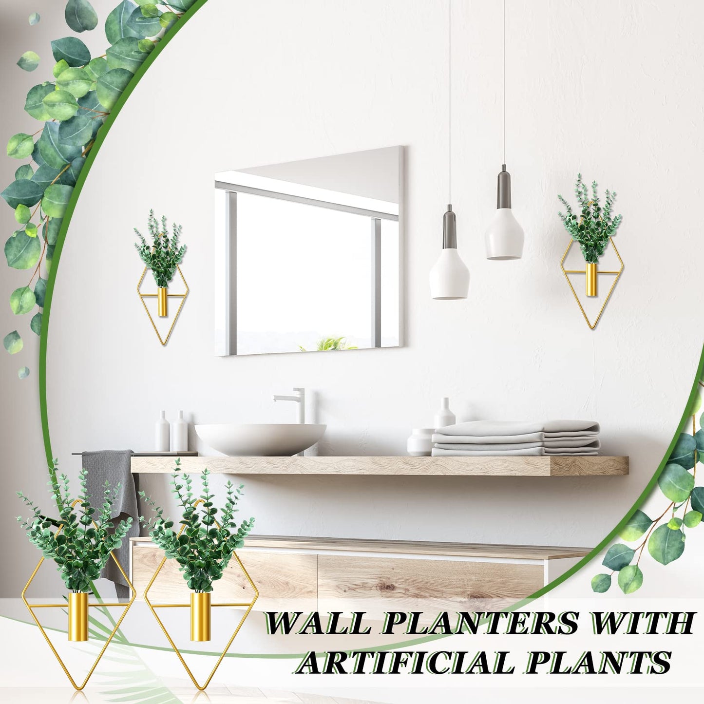 Canlierr 2 Pieces Gold Wall Decor Hanging Planters with Artificial Plants Metal Vase Indoor Plants Holder Modern Geometric Wall Art for Home Bathroom Bedroom Living Room Office(Eucalyptus,Medium)