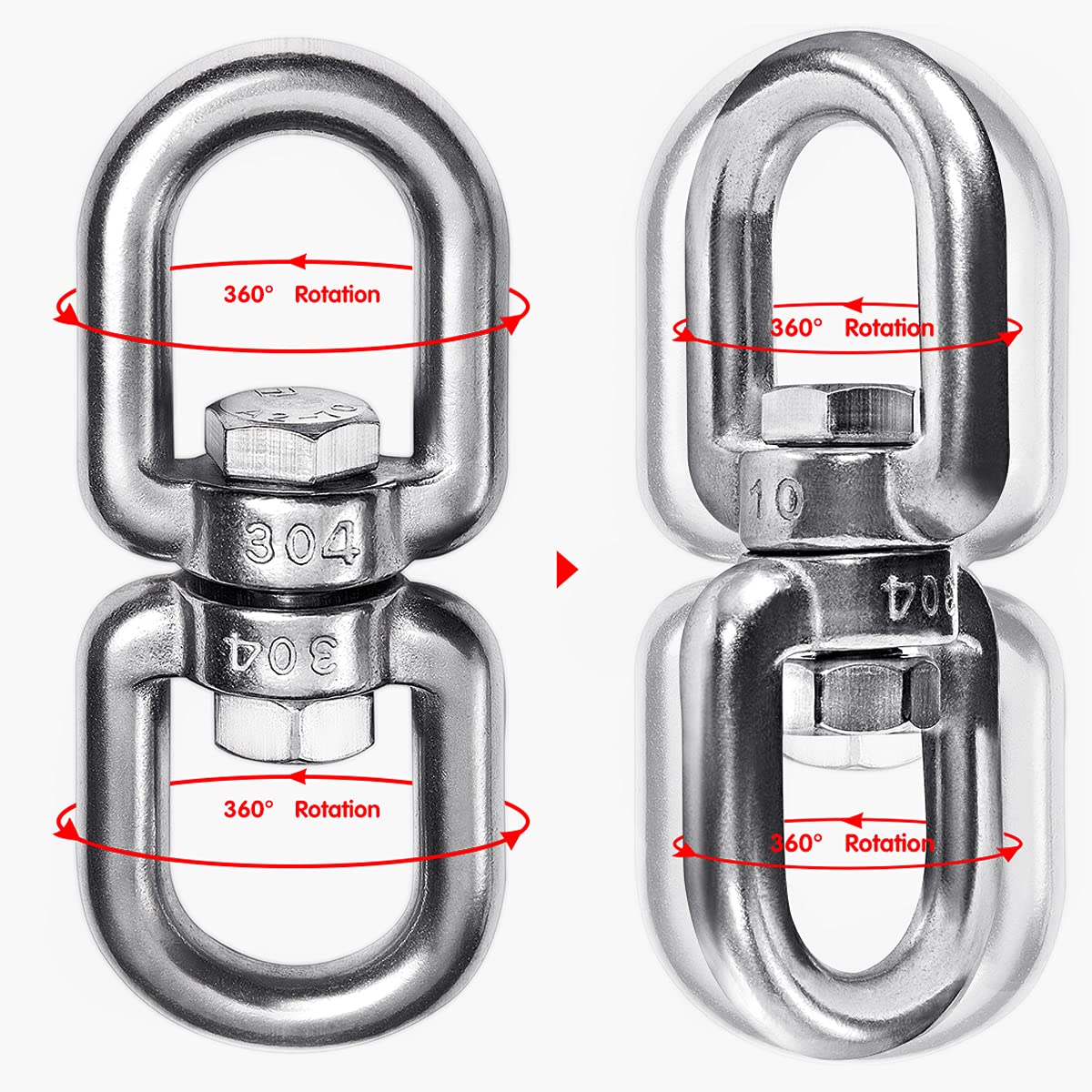 2+1 Heavy Duty 304 Stainless Steel Swivel Ring Double Ended Swivel Eye Hook with SUS304 Snap Hooks for Web Tree Swing, Swing Spinner Hanger, Reliable and Safe (M8)