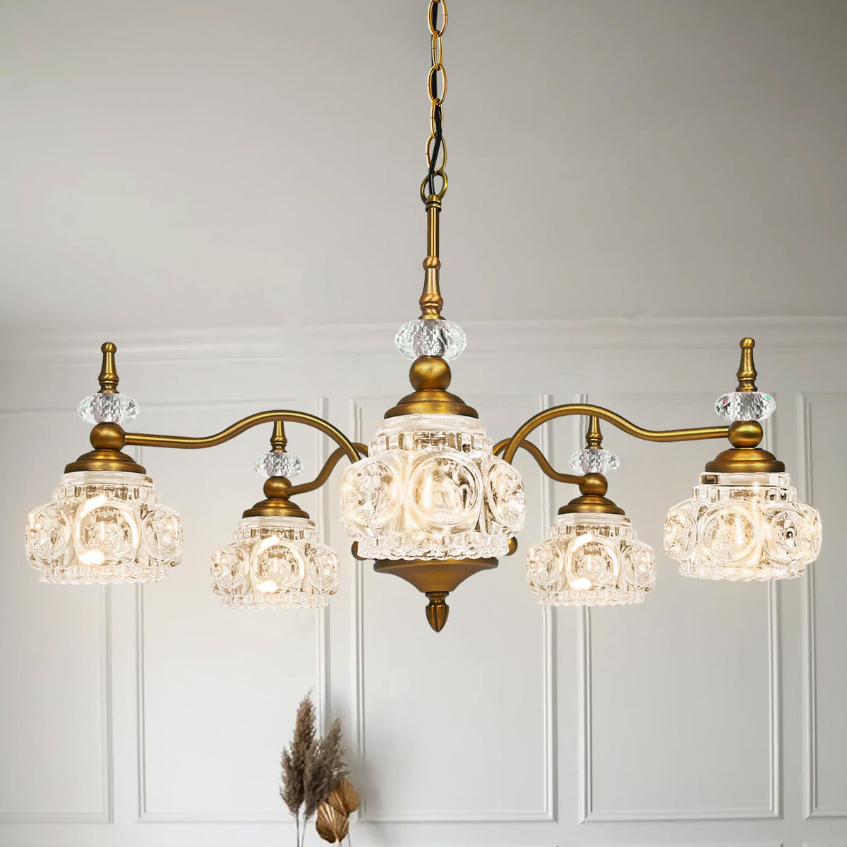 Montex Brass Pendant Light Fixture, Gold Vintage Chandelier Light Fixture 5 Lights, Include 6 Light Bulbs Glass Pendant Light Crystal Hanging Light