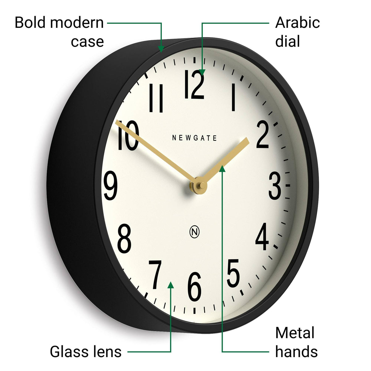 NEWGATE® Master Edwards wall Clock | Mid-Century Style Clock | 12 inch | Deep Metal case in matt Black | Modern Retro Design for Kitchen, Living Room or Office