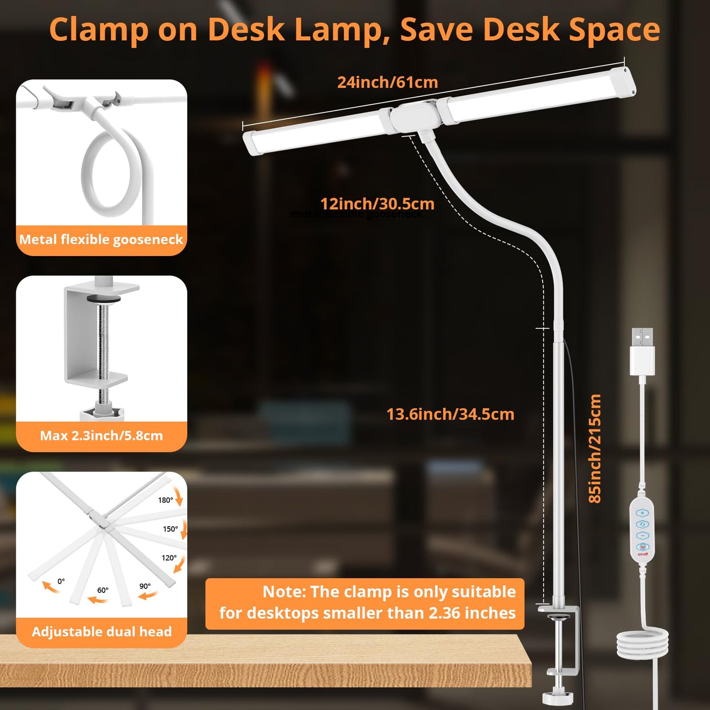 Woputne Desk Lamp with Clamp, with 5V 2A Adapter, LED Desk Lamp with Dual Head, 50 Light Modes, Computer Monitor Flexible Neck Lamp, Eye Protection Desk Lamps for Study, Office, Crafts, Draw(White)