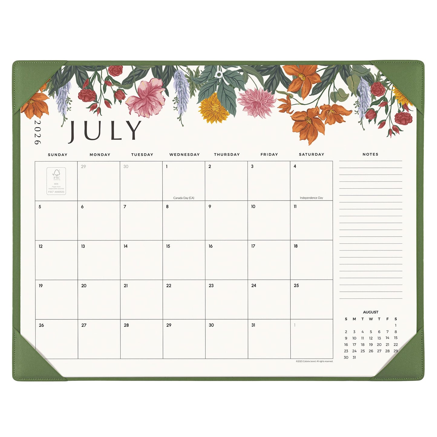Desk Calendar 2026 with Desktop Mat, Cabbrix Large Desk Pad Calendar 22 x 17 Inch Runs From July 2026 to December 2027, Classic Floral Design Calendar 2026 for Home School and Office (Green)