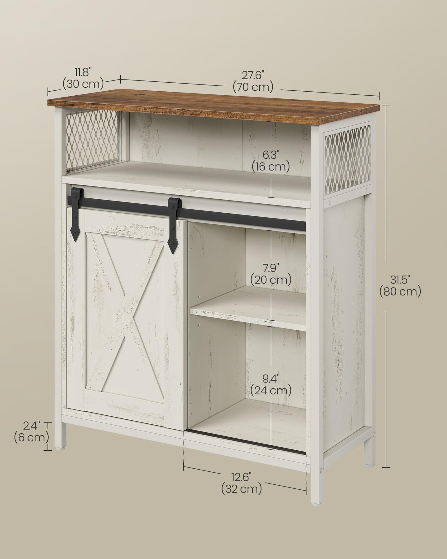 VASAGLE Buffet Cabinet, Coffee Bar Storage Cabinet, Sideboard with 1 Sliding Barn Door, Adjustable Shelves, 11.8 x 27.6 x 31.5 Inches, for Living Room, Rustic White and Honey Brown LSC089WJ02S