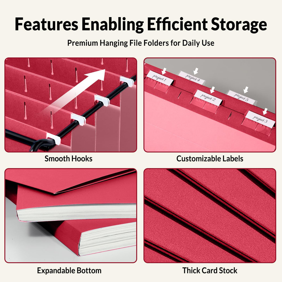 SUNEE Hanging File Folders, 25 Pack Letter Size Hanging File Folders with 1/5-Cut Tabs, Ideal for Home and Office Organization and Papers Classification,Red