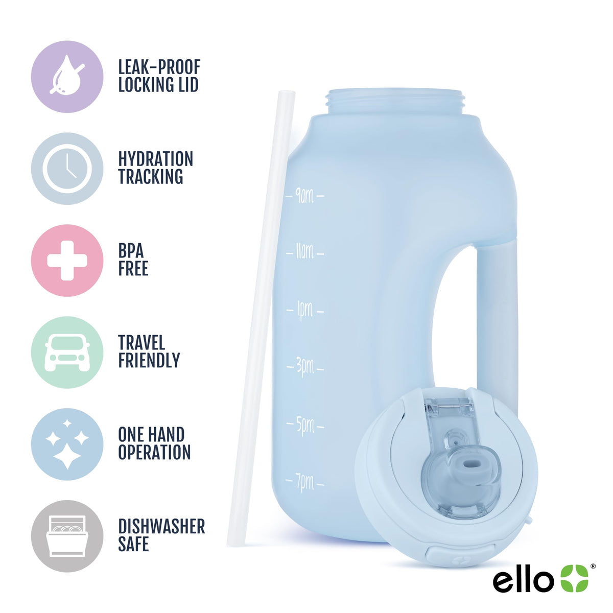 Ello Hydra 64oz Half Gallon Water Jug with Handle and Motivational Time Markers for All Day Hydration, Plastic Reusable Water Bottle with Straw and Locking, Leak Proof Lid, BPA Free, Halogen Blue