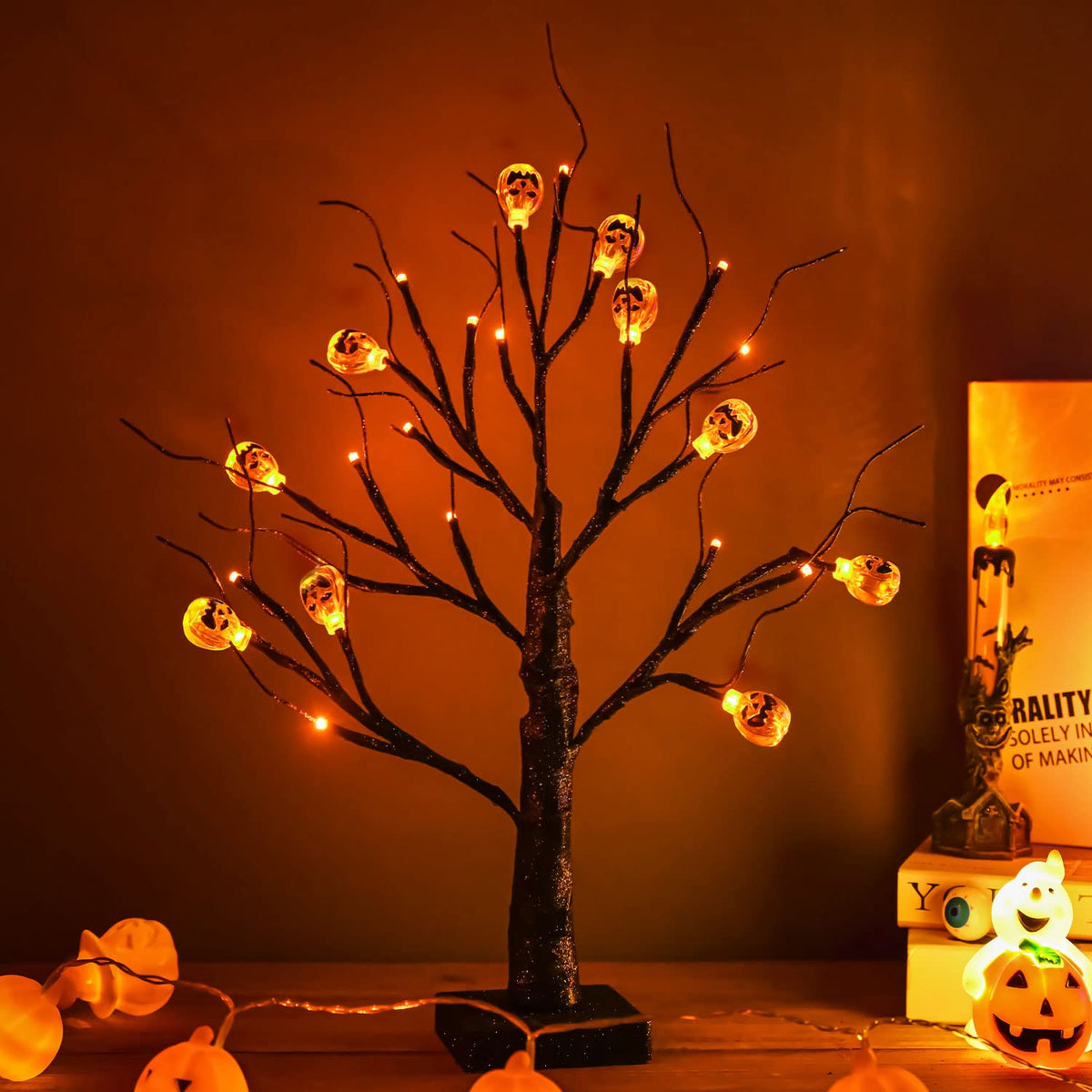 ZHOUDUIDUI 2Pack Halloween Tree, Black Spooky Tree with 24LED Orange Lights and 10 Pumpkin Ornaments Battery Powered 18IN Lighted Halloween Bonsai Tree for Indoor Tabletop Halloween Party Decoration