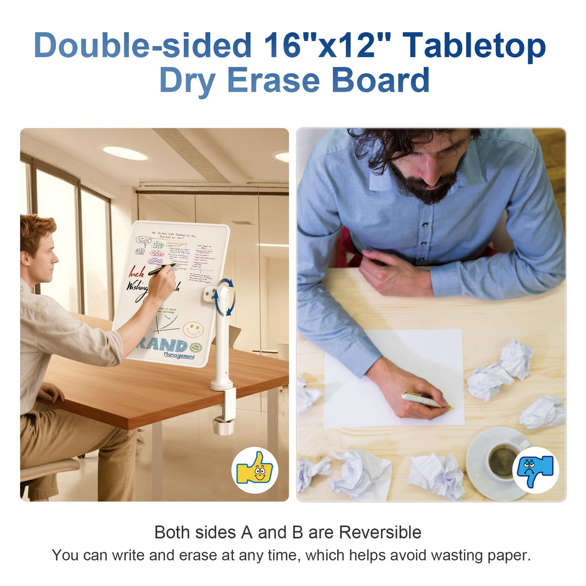 Double-Sided Clamp-On Desk Whiteboard, 360° Swivel Desktop Dry Erase Board for Office & Home Study, Fits Desks Under 2.3" Thick, Space Saving Memo Board (16" x 12") with Markers(1pc)