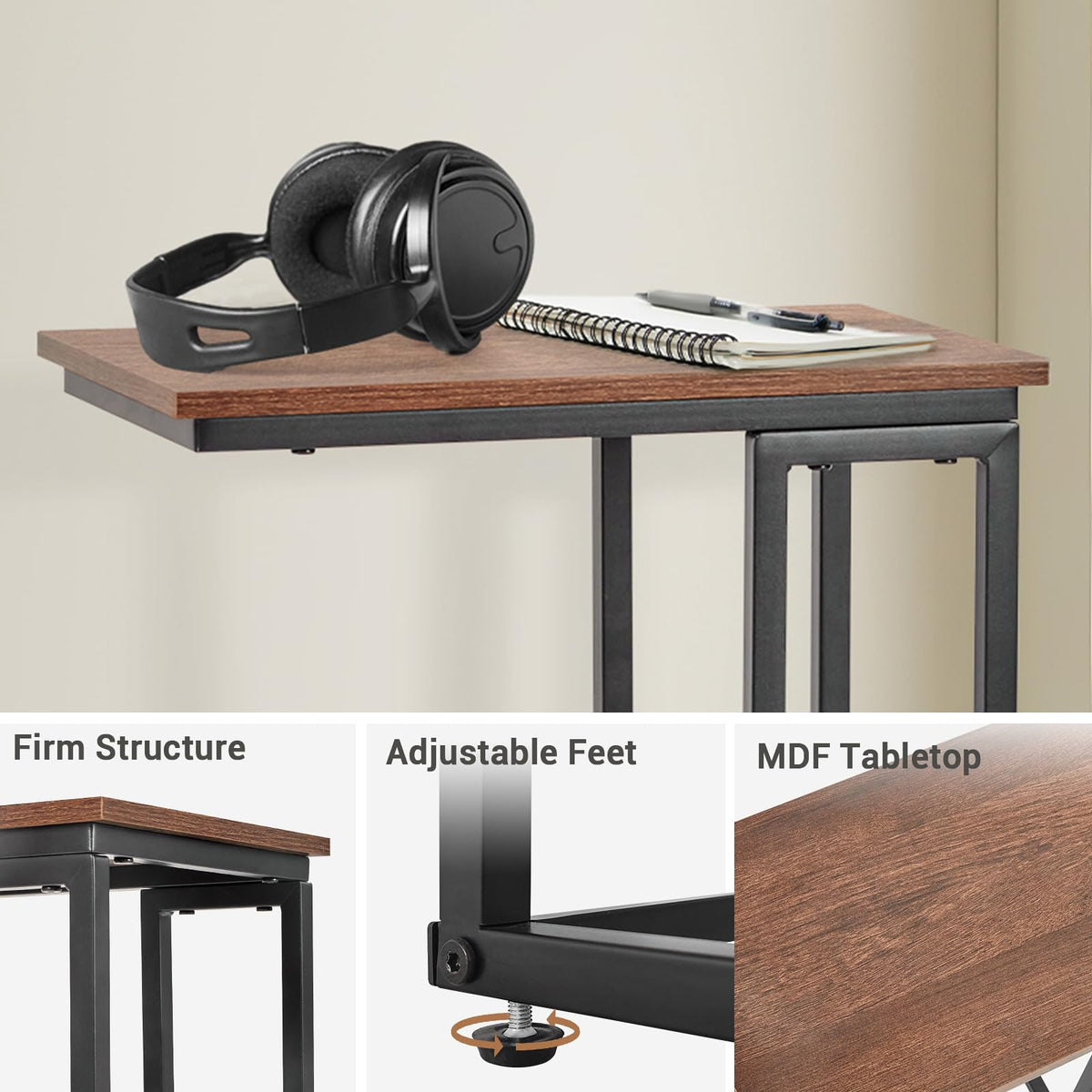 fusehome C-Shaped End Table, TV Tray Set of 2, Couch Side Laptop Table, for Living Room, Bedroom, Small Spaces, Rustic Brown and Black, 2 Pack
