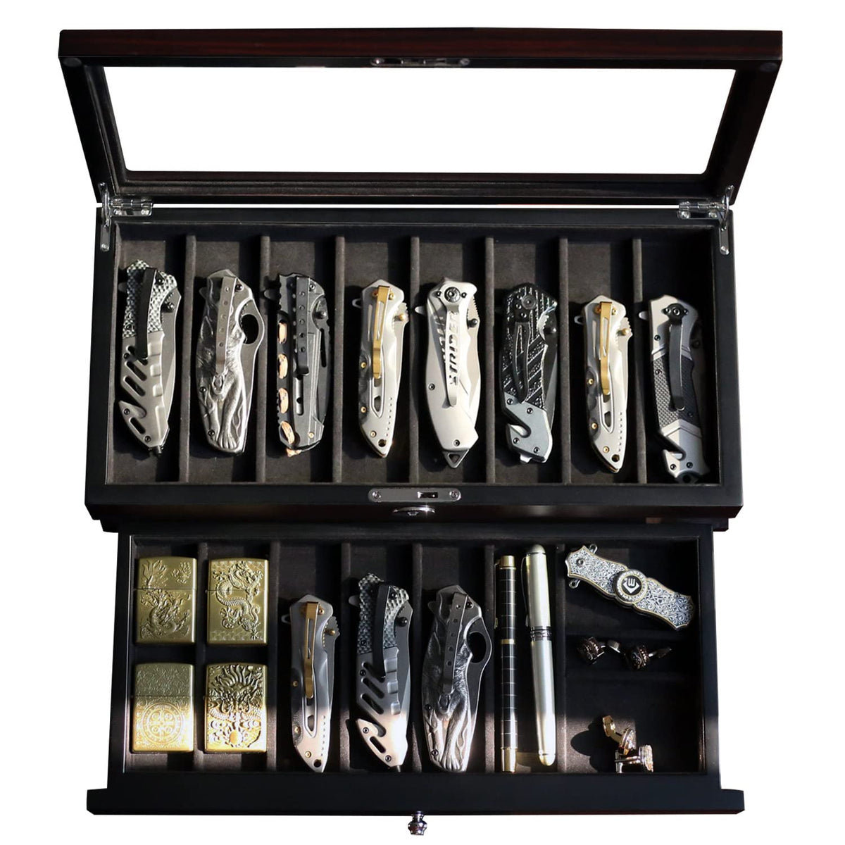 Besforu Pocket Knife Display Case for men collection holder 15-17 folding knife with Walnut Finish Two-Tier Knife organizer storage box with Real Glass Window Top (ebony veneer with draw)