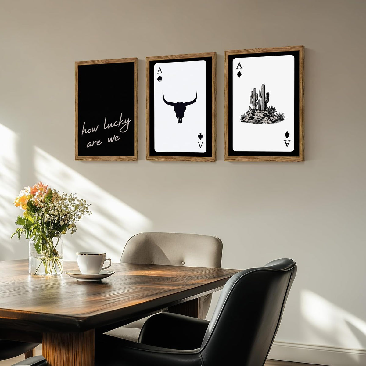 Western Wall Art Set of 3, Southwestern Cowboy Playing Card Wall Decor, Longhorn Bull Skull and How Lucky are We Poster Canvas Painting Prints for Bedroom Living Room 12x16 inch Wood Framed