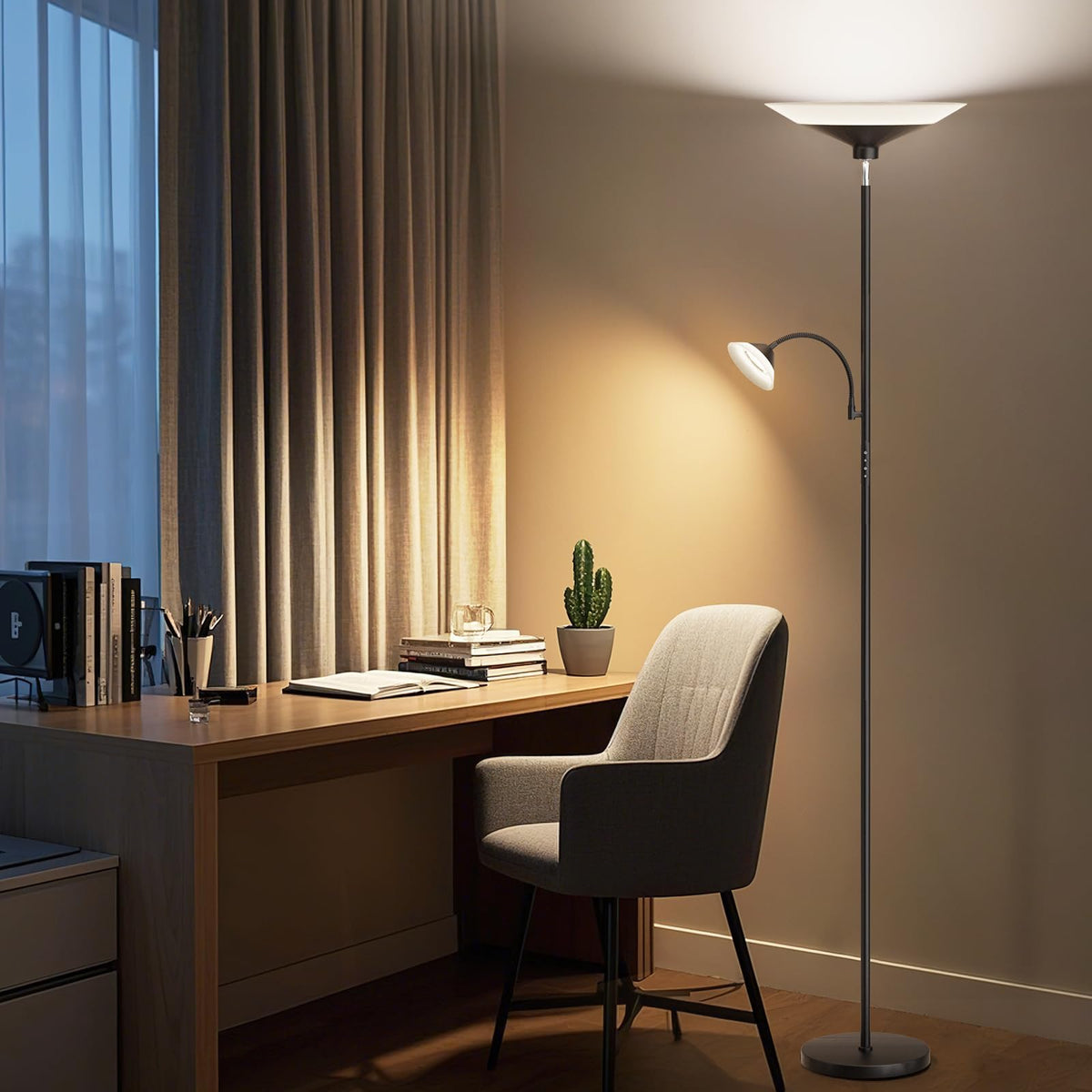 SIBRILLE Upgraded 2-in-1 Torchiere Floor Lamp, Dimmable Standing Lamp with Remote&Button Control, 34W Brightness Adjustable Floor Reading Light, Black Modern Corner Lamp for Living Room Bedroom Office