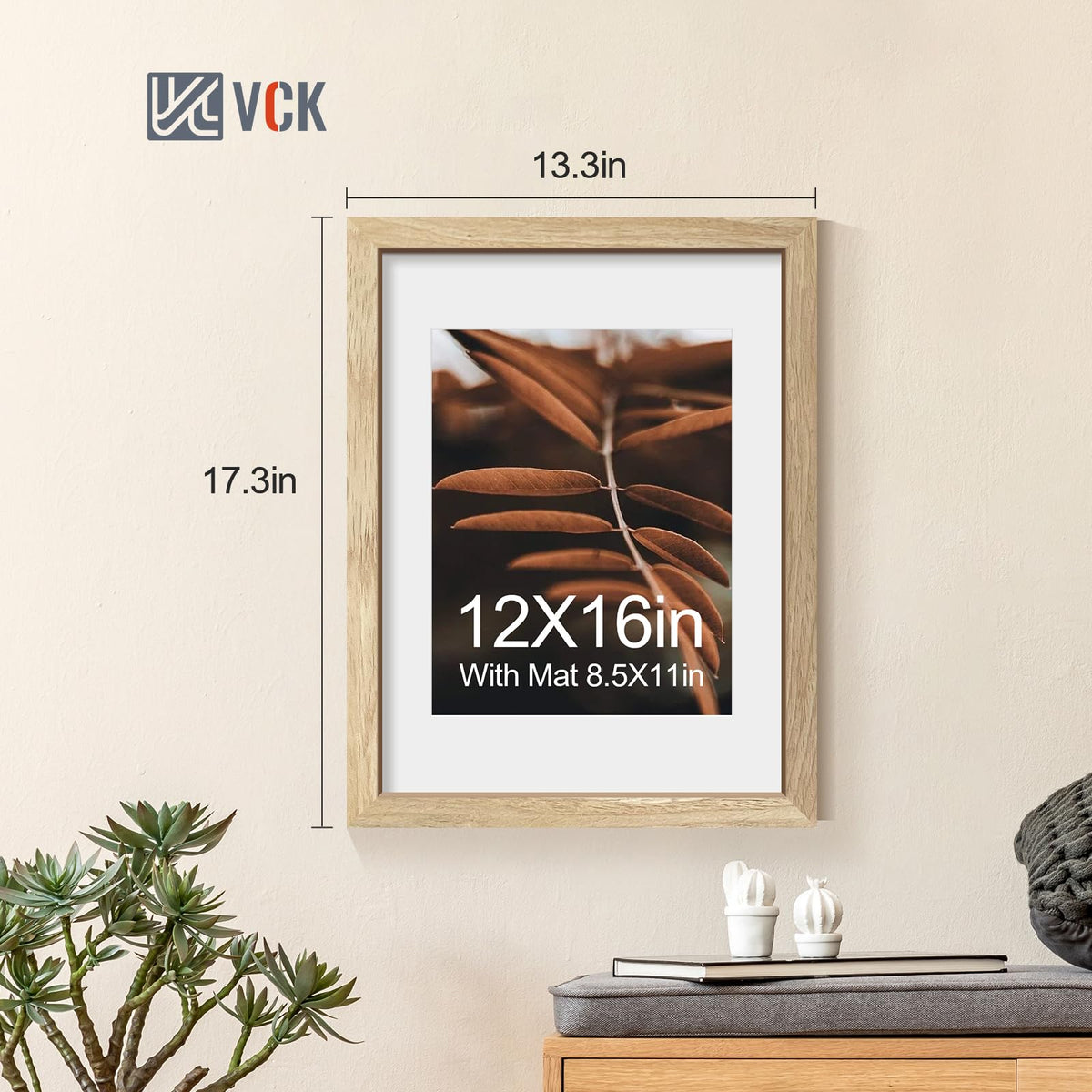 VCK 12x16 Picture Frame 5 Pack - Natural Wood Grain, High-End Wood Poster Frames with Tempered Glass, Display 8.5x11 Photo with Mat or 12x16 without Mat, Art Gallery-Quality, Wall Hanging, Natural
