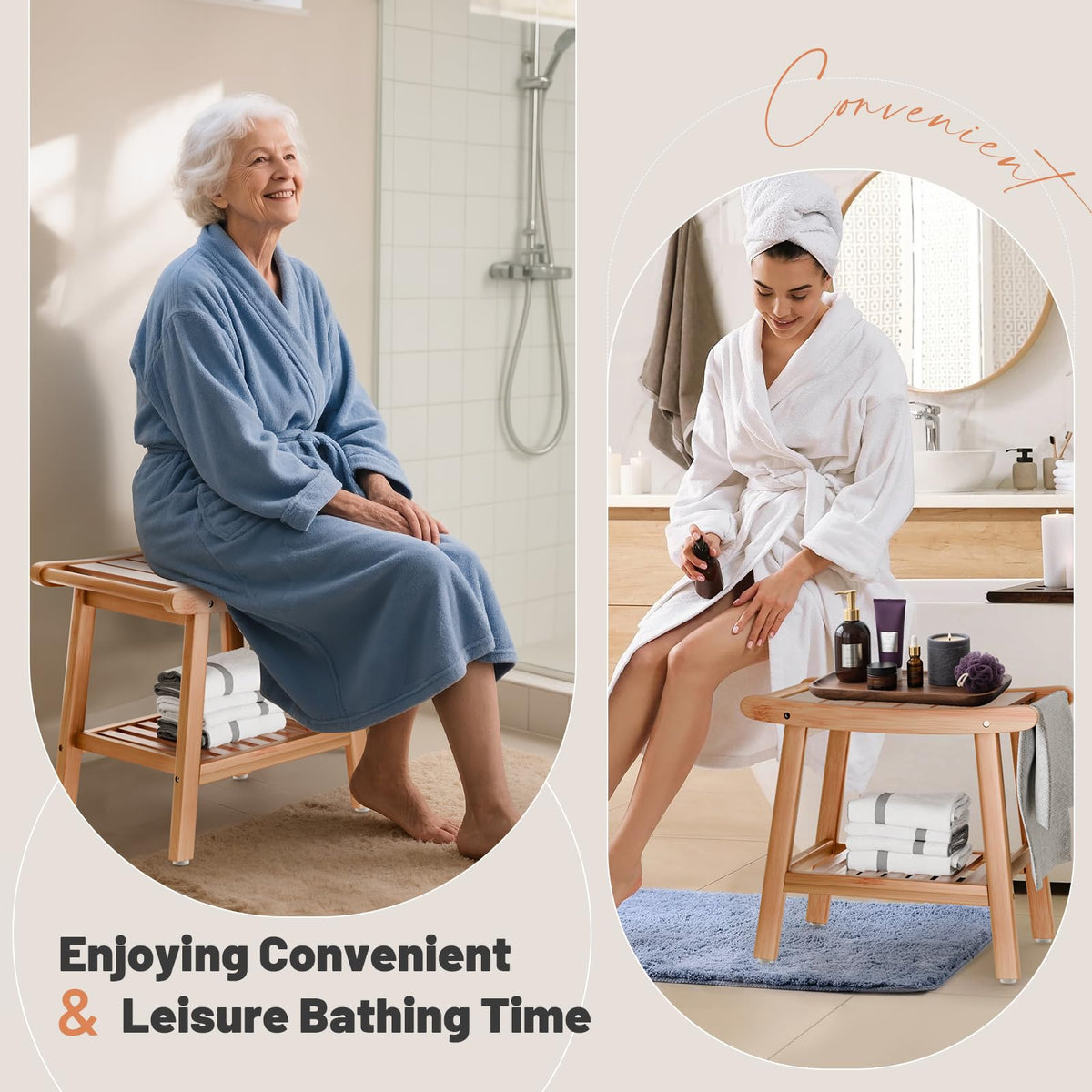 Bamboo Shower Bench for Inside Shower to Sit on,Waterproof Shower Stool for Shaving Legs,Spa Bathroom Shower Chair with Storage Shelf, Bathroom Bench Seat-Natural Bamboo