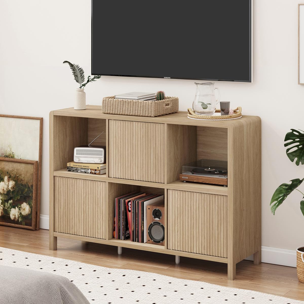 FATORRI 6 Cube Horizontal Bookshelf with 3 Doors, Modern Wood Book Shelf with Storage, Low Cubby Bookcase for Home Office (Light Walnut)