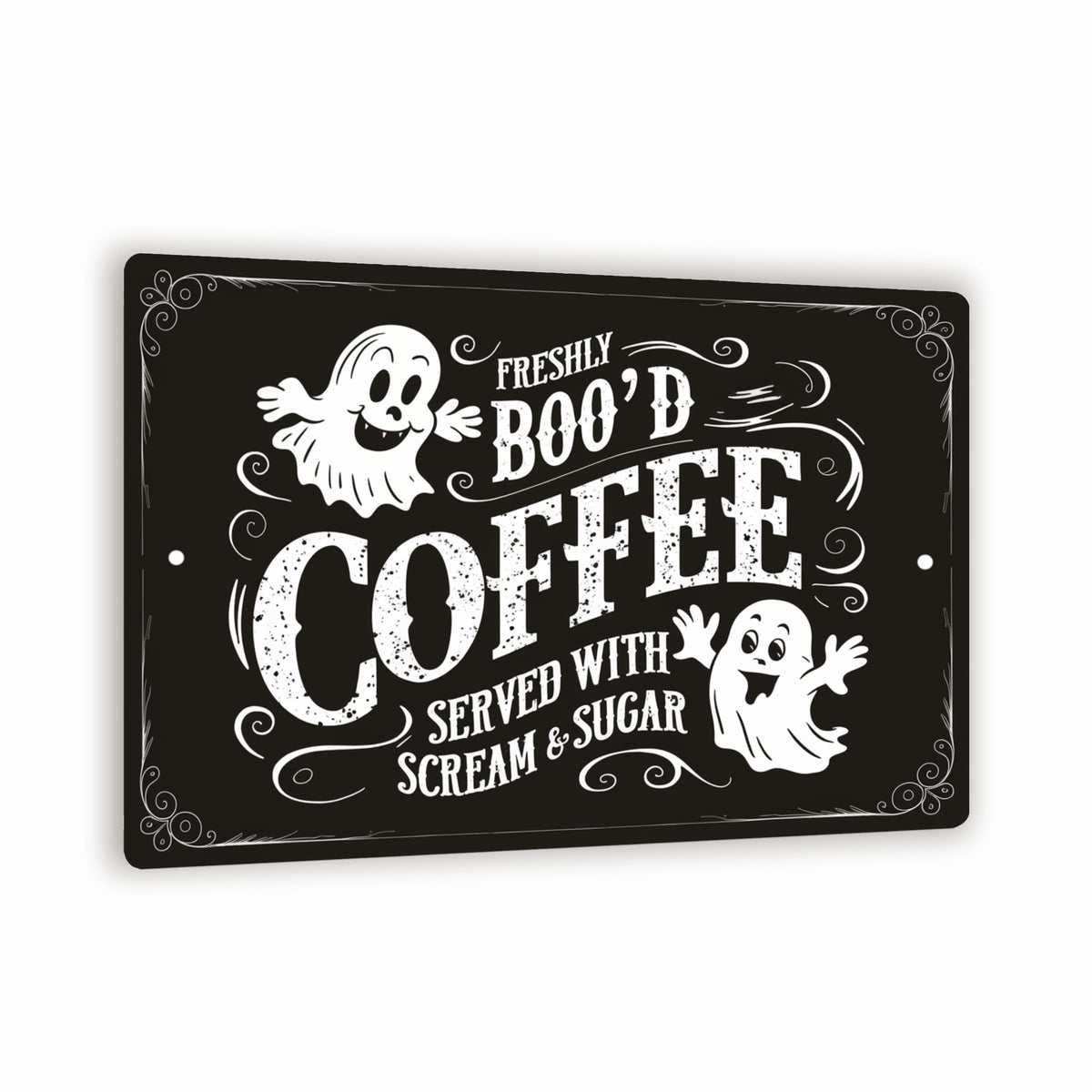 Halloween-Themed Metal Sign - "Freshly BOO'D Coffee Served with Scream and Sugar" - Humorous Ghost Design - 8"x12" Black Metal Sign