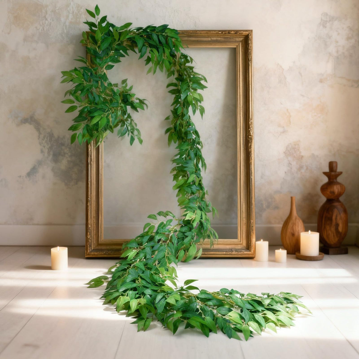 Suncalla 2 Pcs 10 Feet Artificial Vines Garland Faux Italian Ruscus Vine Twigs Silk Green Leaves Greenery Garland for Wedding Table Centerpieces Arch Decor Party Room Home Garden Office Wall Decor