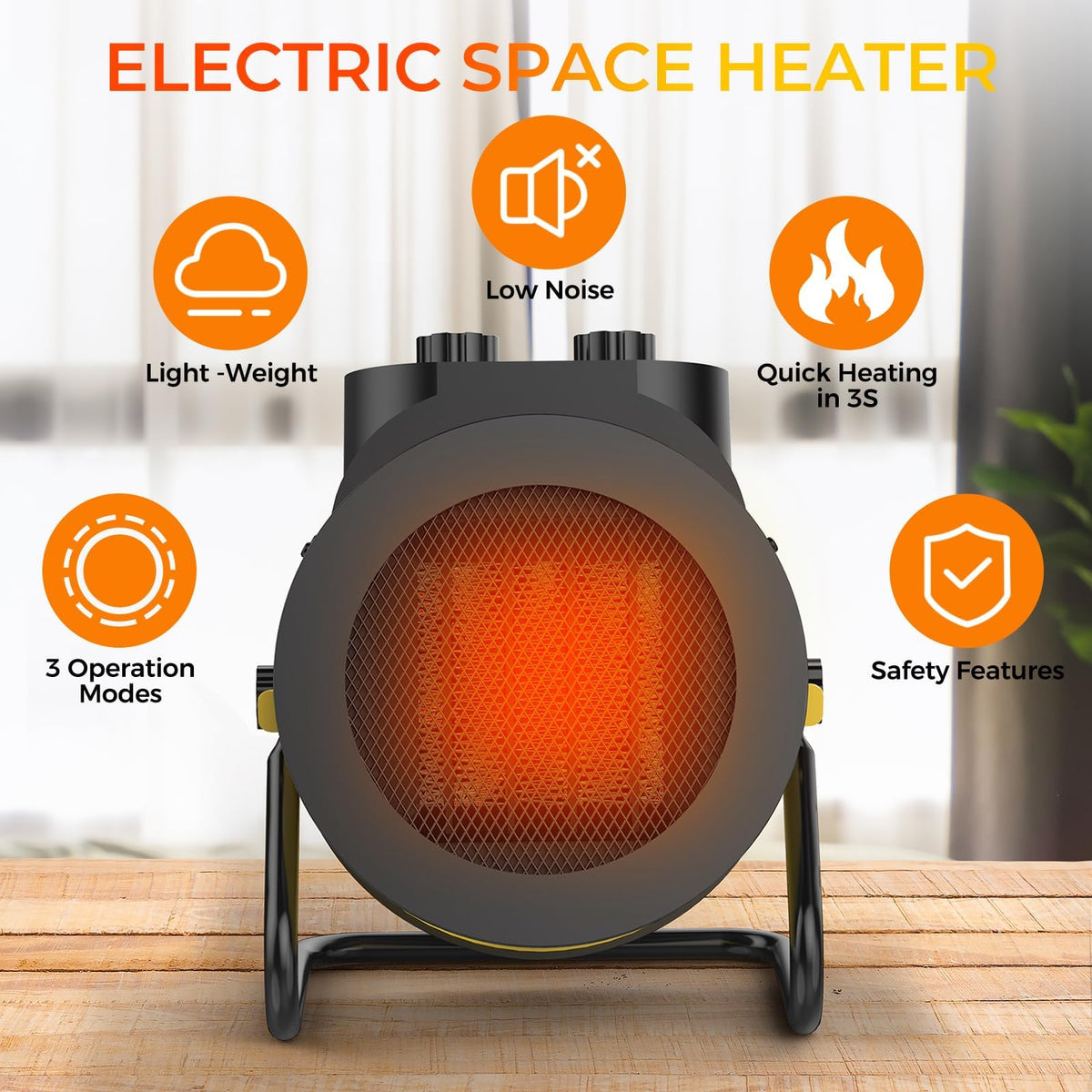 Elevoke Space Heaters for Indoor Use, 1500W PTC Electric Heater with 90°Adjustable Angle, Fast Safety Heat, Small Portable Heater for Office Home (Yellow)