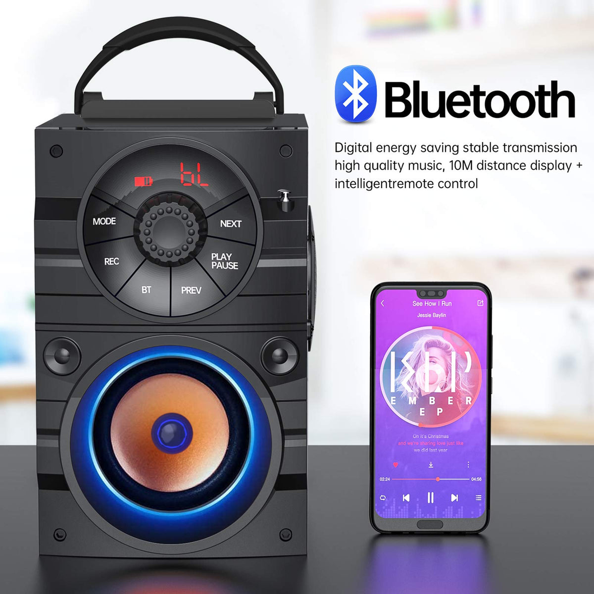 Aesackir Portable Big Bluetooth Speakers with Light, Wireless with Subwoofer, FM Radio, LED Lights, EQ, Booming Bass, Bluetooth 4.2 Stereo Loud Outdoor/Indoor Retro, for Home, Camping, Travel, Black