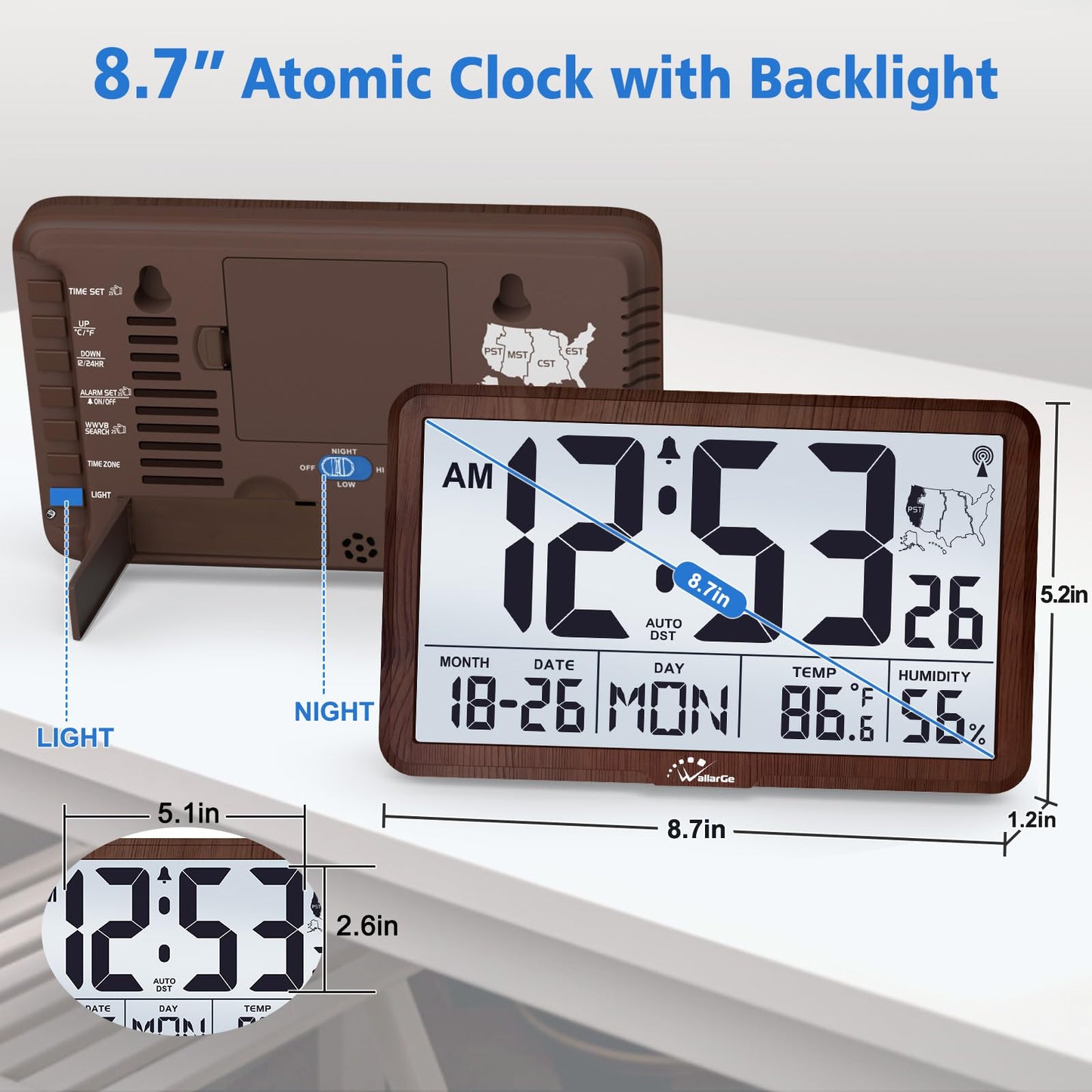 WallarGe Atomic Wall Clock with Backlight, Digital Wall Clock Battery Operated for Classroom, Bedroom, Office, Large Display with Indoor Temperature, Humidity, Date, AUTO DST, 6 Time Zones