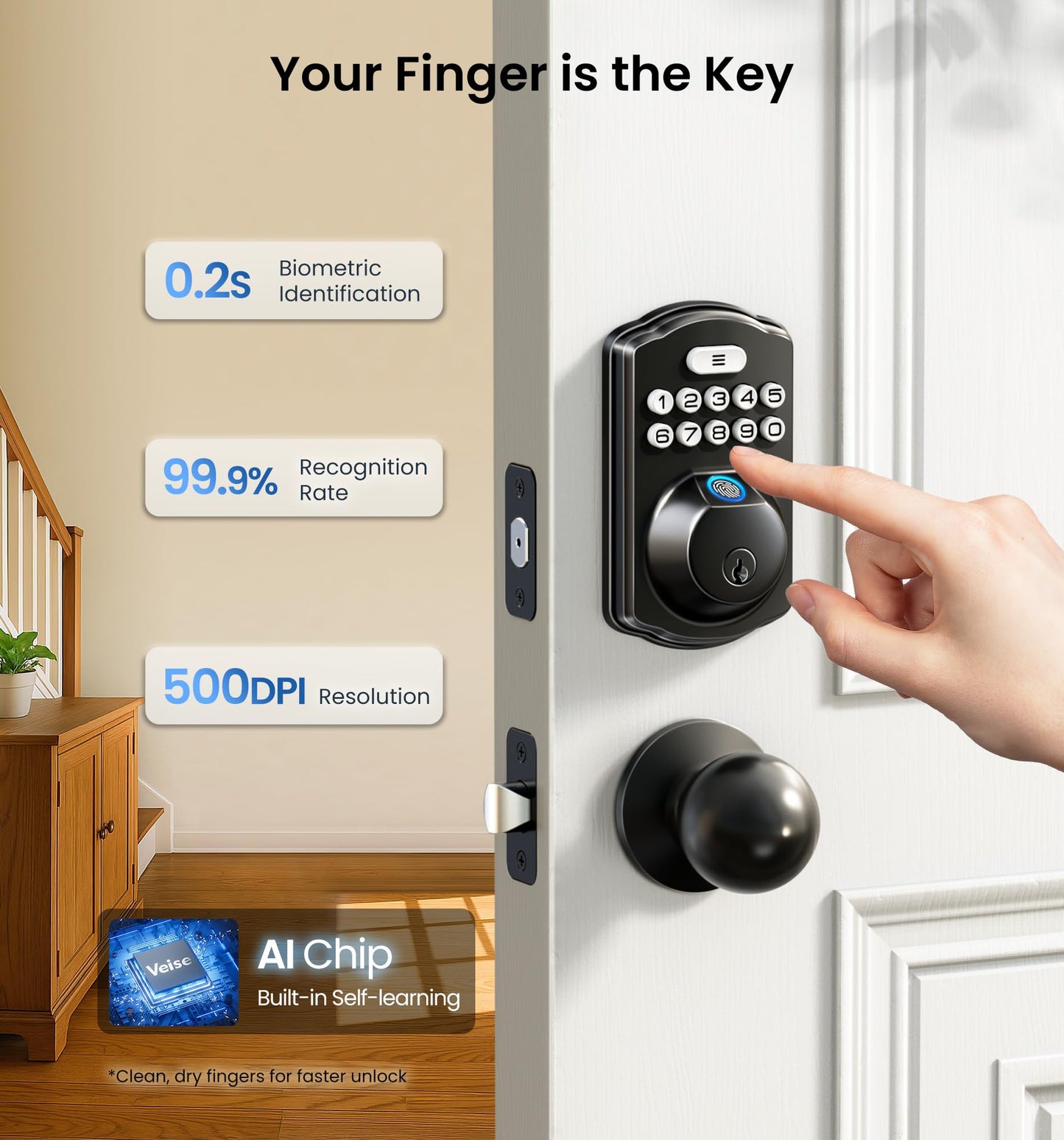 Veise KS02A Fingerprint Keyless Entry Door Lock, Auto Lock, Electronic Keypad Deadbolt for Front Door, Biometric, Anti-Peeping Password, Easy Install, Matte Black