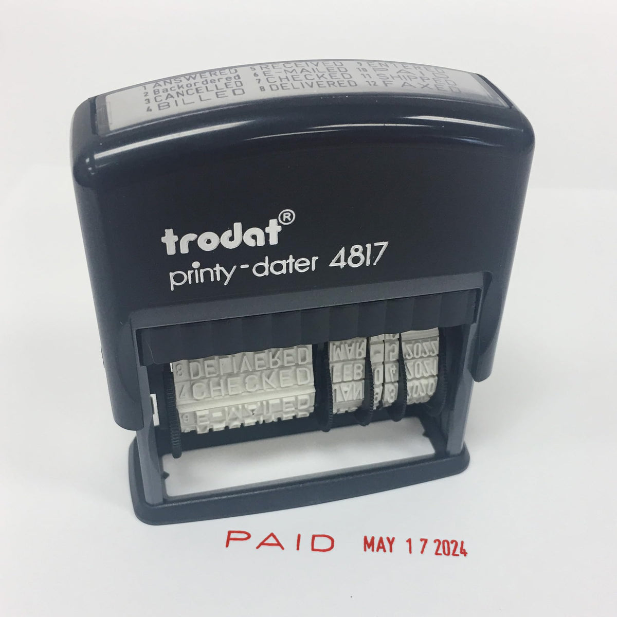 Trodat Printy 4817 Economy Dial-A-Phrase, 12 Popular Office Messages, Month in Letters, Day and Year in Numbers, Rubber Date Stamp – Self Inking (Red)