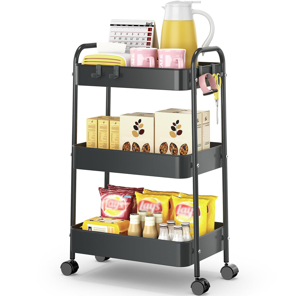 TOOLF 3 Tier Rolling Storage Cart, Metal Utility Cart with Hooks Trolley on Wheels Storage Organizer Serving Cart Mobile Craft Cart for Office, Bathroom, Kitchen, Kids' Room, Classroom Black