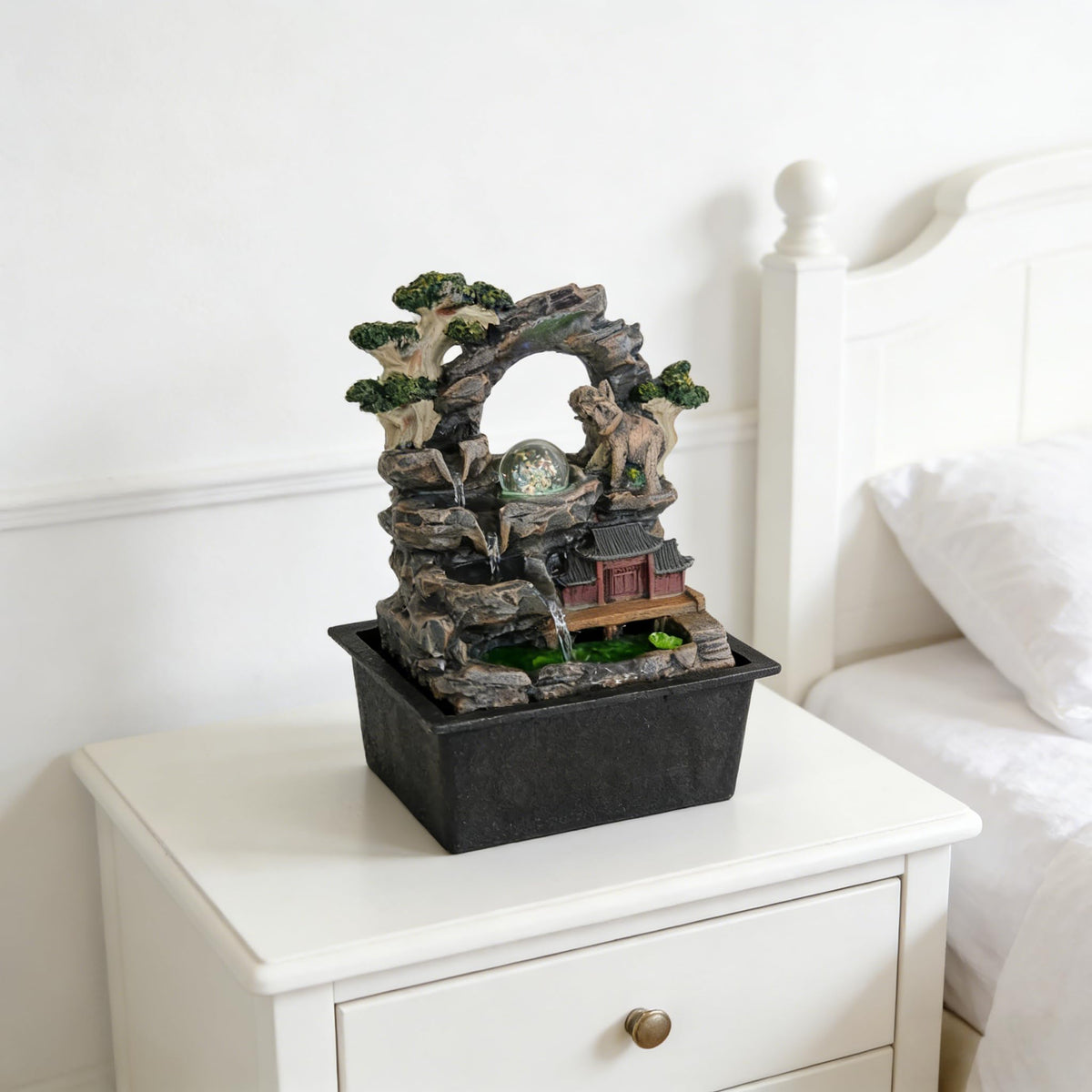 Elephant Asian Pagoda Tabletop Water Fountain, LED Crystal Ball Cascading Rock Waterfall, Indoor Outdoor Zen Decor for Home Office Patio, Soothing Relaxation Sound, Housewarming Gift