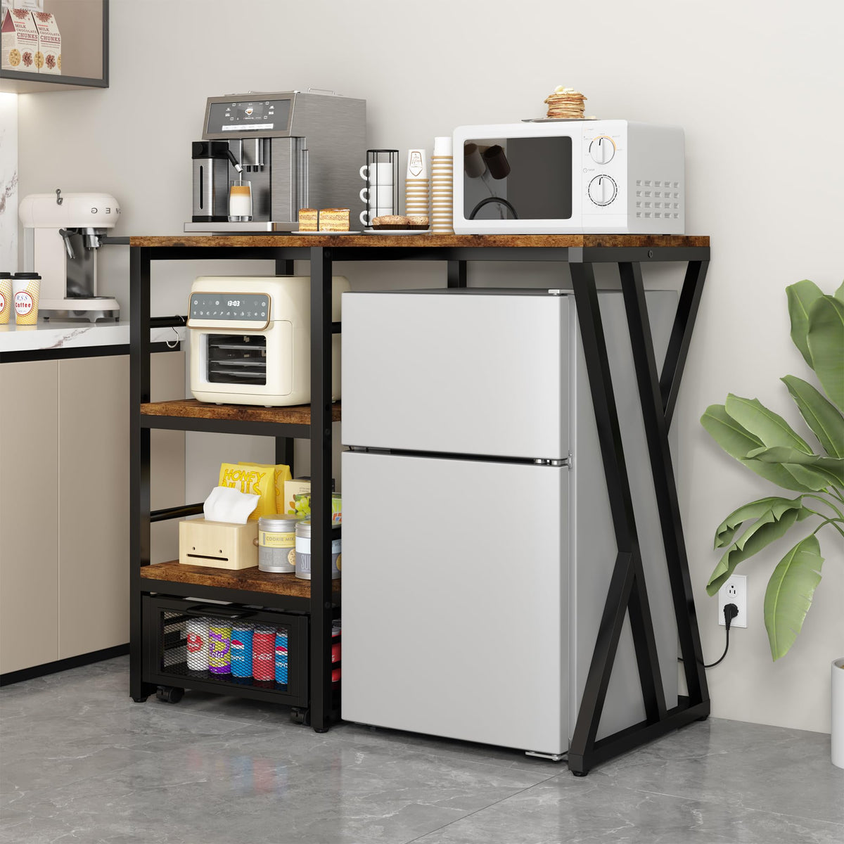 Beverage & Wine Fridge Stand with Movable Basket, Coffee Bar Cabinet with Mini Fridge Space and Power Outlet, Kitchen Storage Organizer with Worktop, Microwave Oven Stand Rack for Home, Dorm, Office