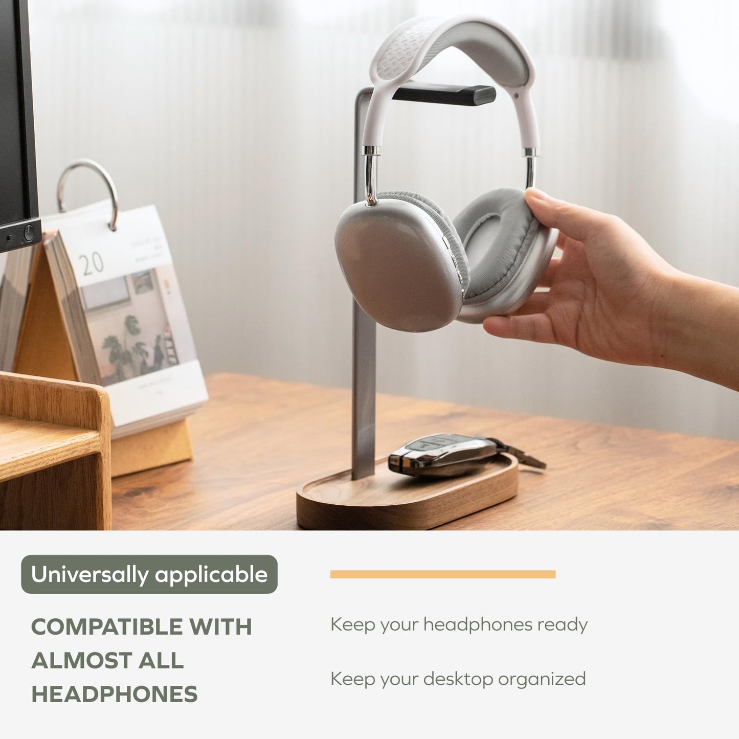 muso wood Headphone Stand & Desktop Headset Holder | Space-Saving Premium Solid Wood Storage Base for Gaming Headsets, AirPods Max, VR Gear – Modern Desktop/Workspace Essential