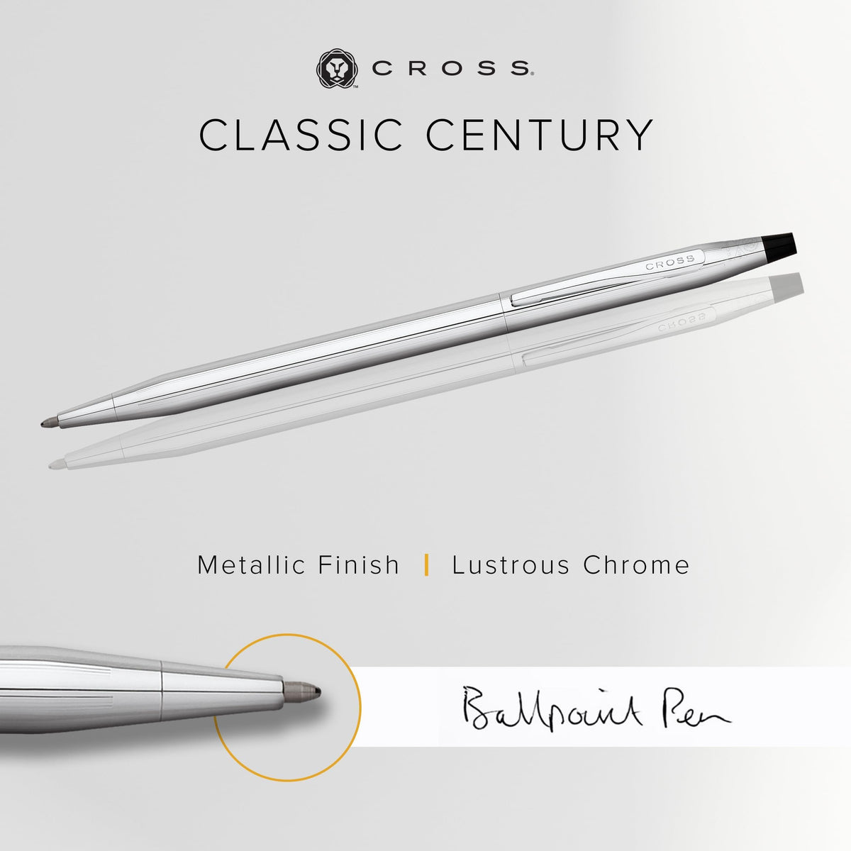 Cross Classic Century Lustrous Chrome Ballpoint Pen - Refillable Pen for Effortless Writing - Black Ink - Durable Construction - Premier Distinctive Look - Gift-Ready
