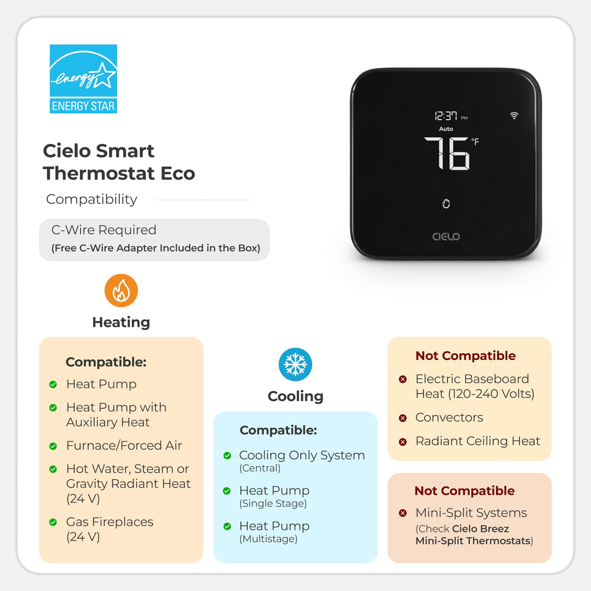Cielo Smart Thermostat Eco (for Central HVAC) | Energy Star Certified | Supports Conventional Systems up to (2H/2C) & Heat Pumps (4H/2C) | Free C-Wire Adapter | NOT for Mini Split Systems | Black