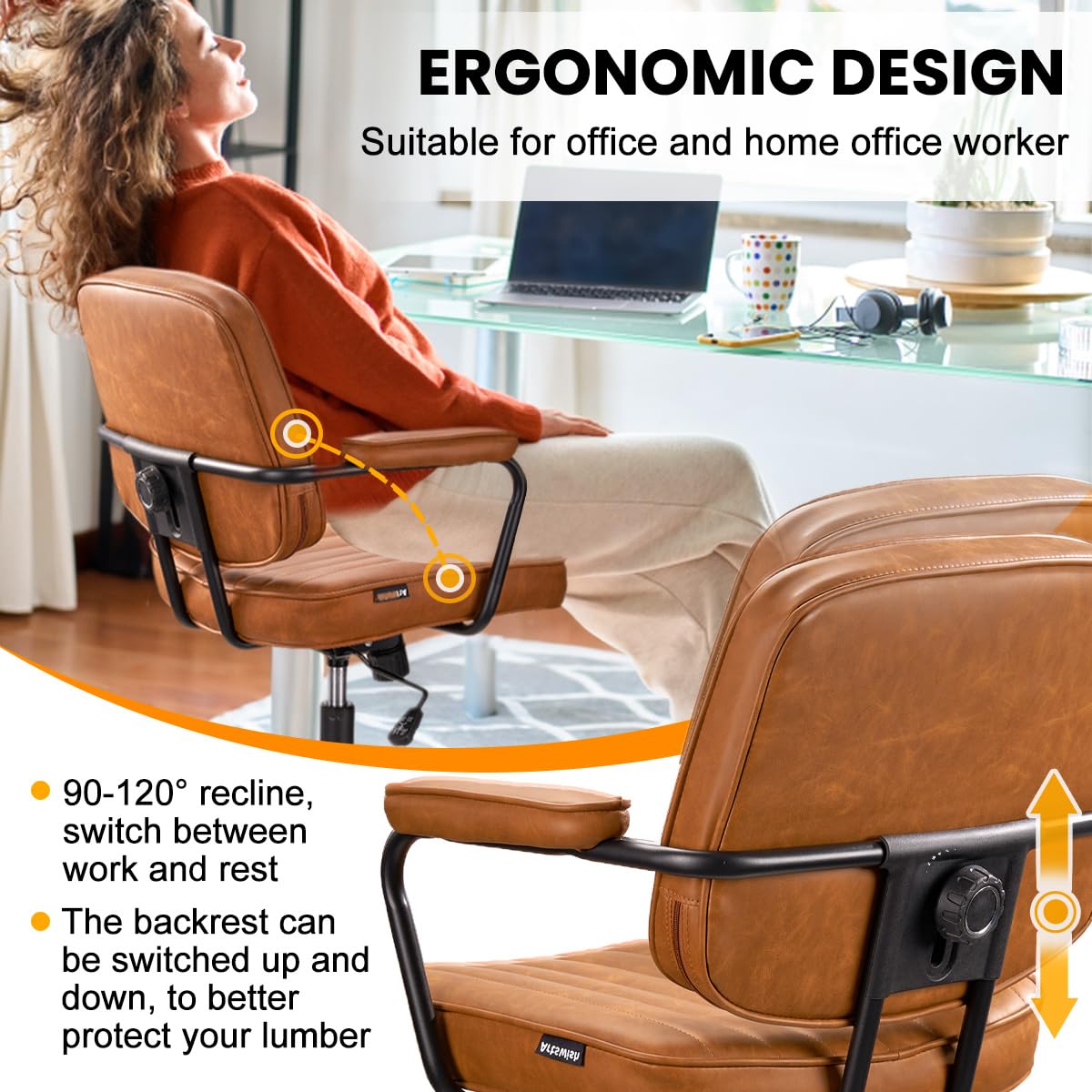 Artswish Mid Century Office Chair, Faux Leather Ergonomic Desk Chair with Arms, 360° Swivel Height Adjustable Computer Chair, Retro Home Office Task Chair with Wheels, Brown