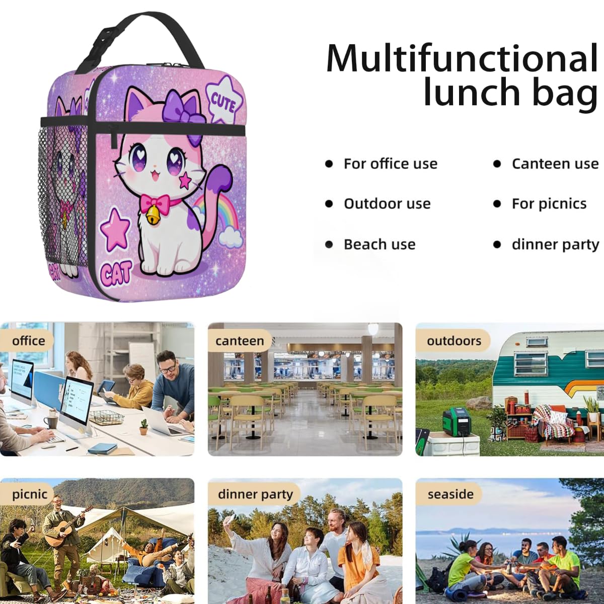 AUUXVA Cute Kids Insulated Lunch Bag - Girls Lunch Boxes for School Waterproof Lunchbox with Water Bottle Holder, Reusable Portable Lunch Tote for Office Beach Picnic(Cat)