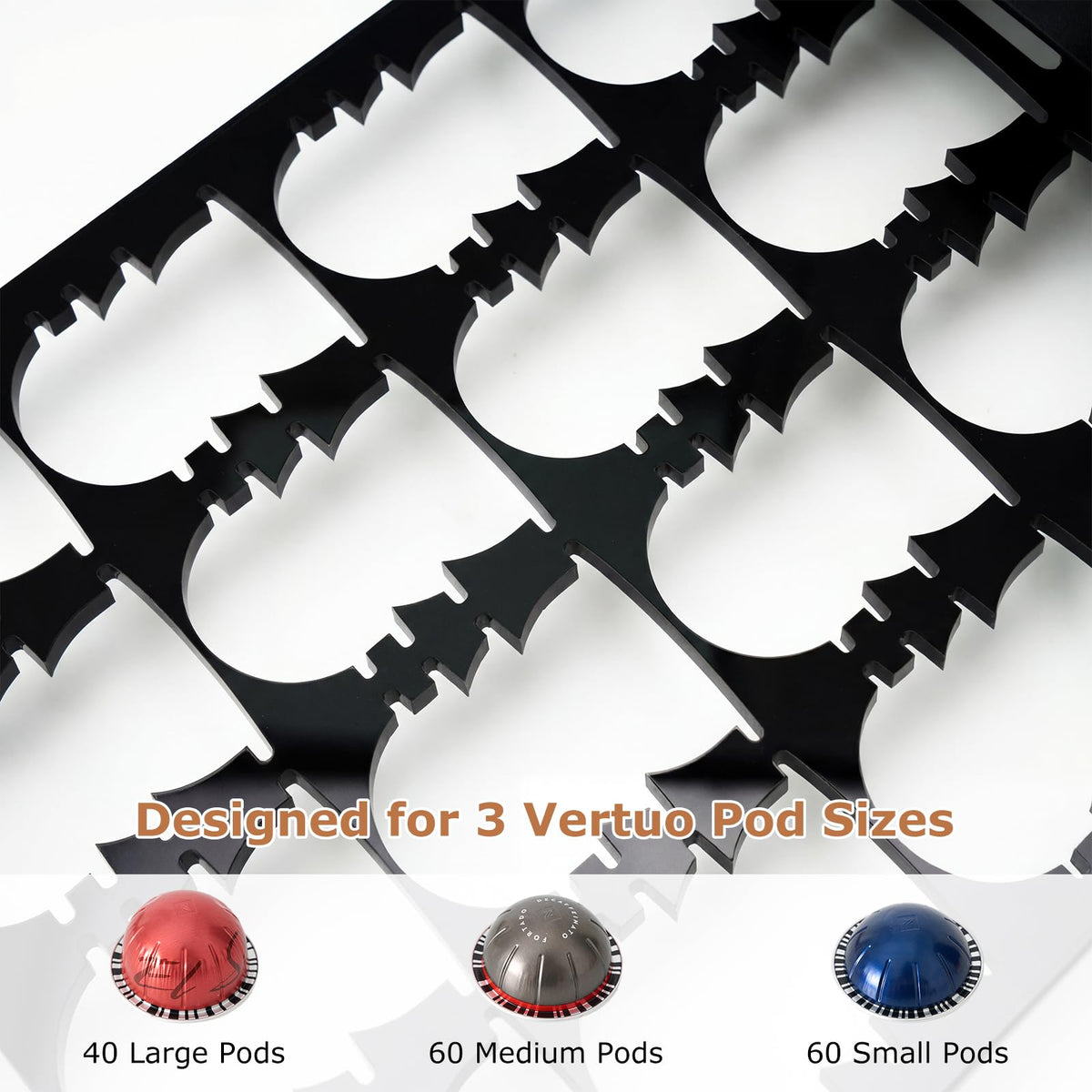 Acrylic Vertuo Pod Holder Drawer for Nespresso Vertuo, Coffee Pod Organizer for 3 Capsule Sizes, Holds 40 Large or Medium Pods / 60 Small Pods, Clear Coffee Pod Storage Drawer,Black